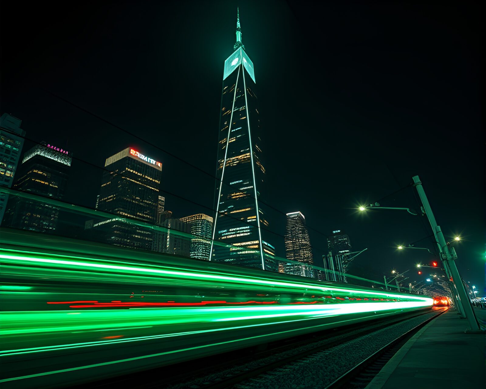 Vibrant emerald skyscraper with train light trails creating kinetic motion