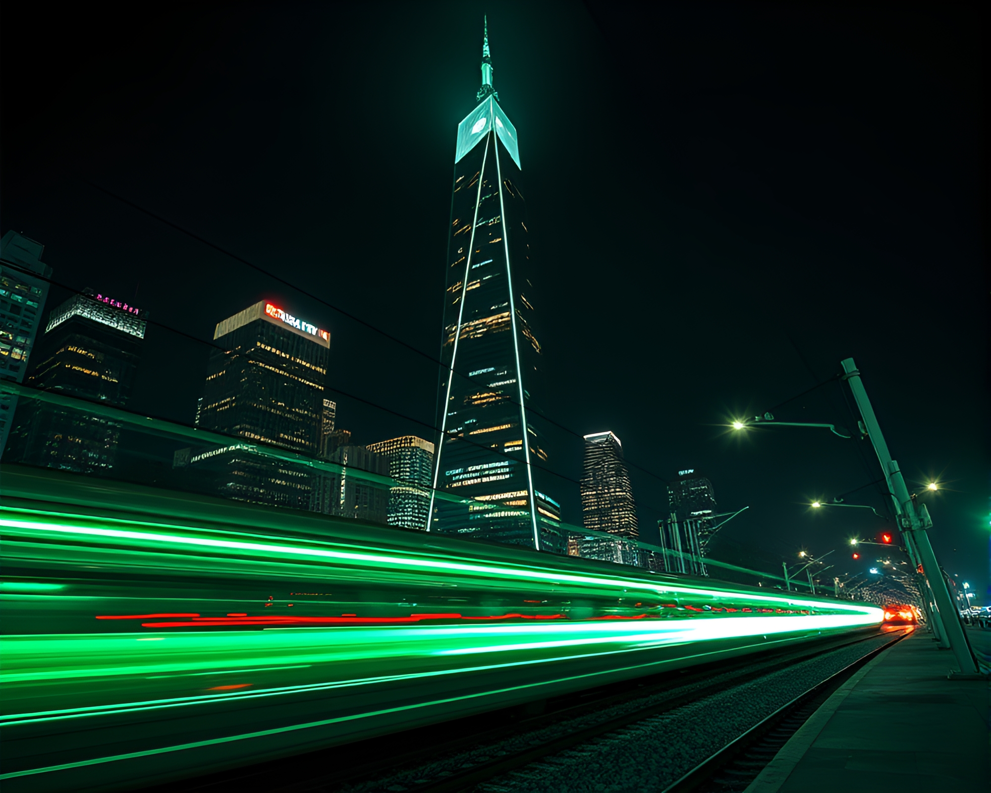 Train Light Trails Through Emerald Skyscraper Kinetic Art – free AI stock image