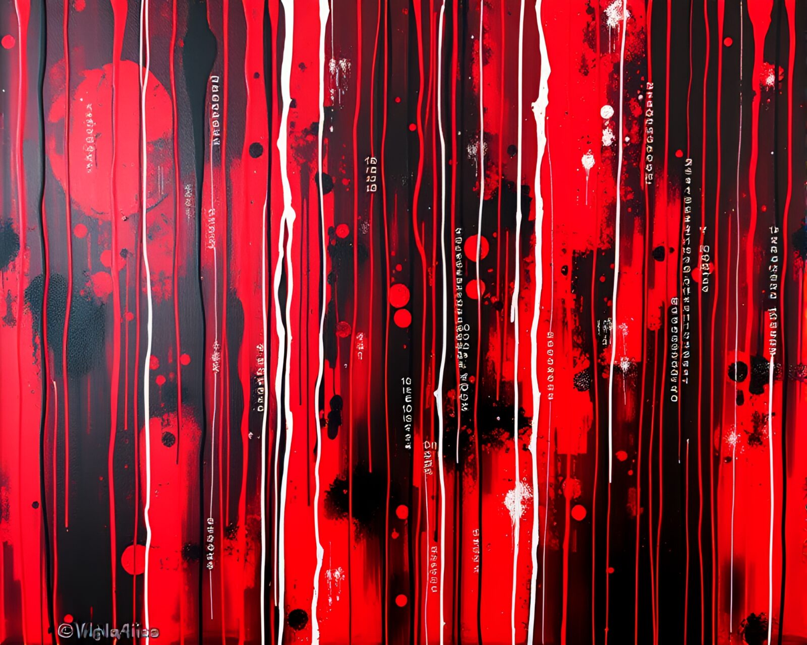 Abstract acrylic artwork showcasing binary code patterns in red tones