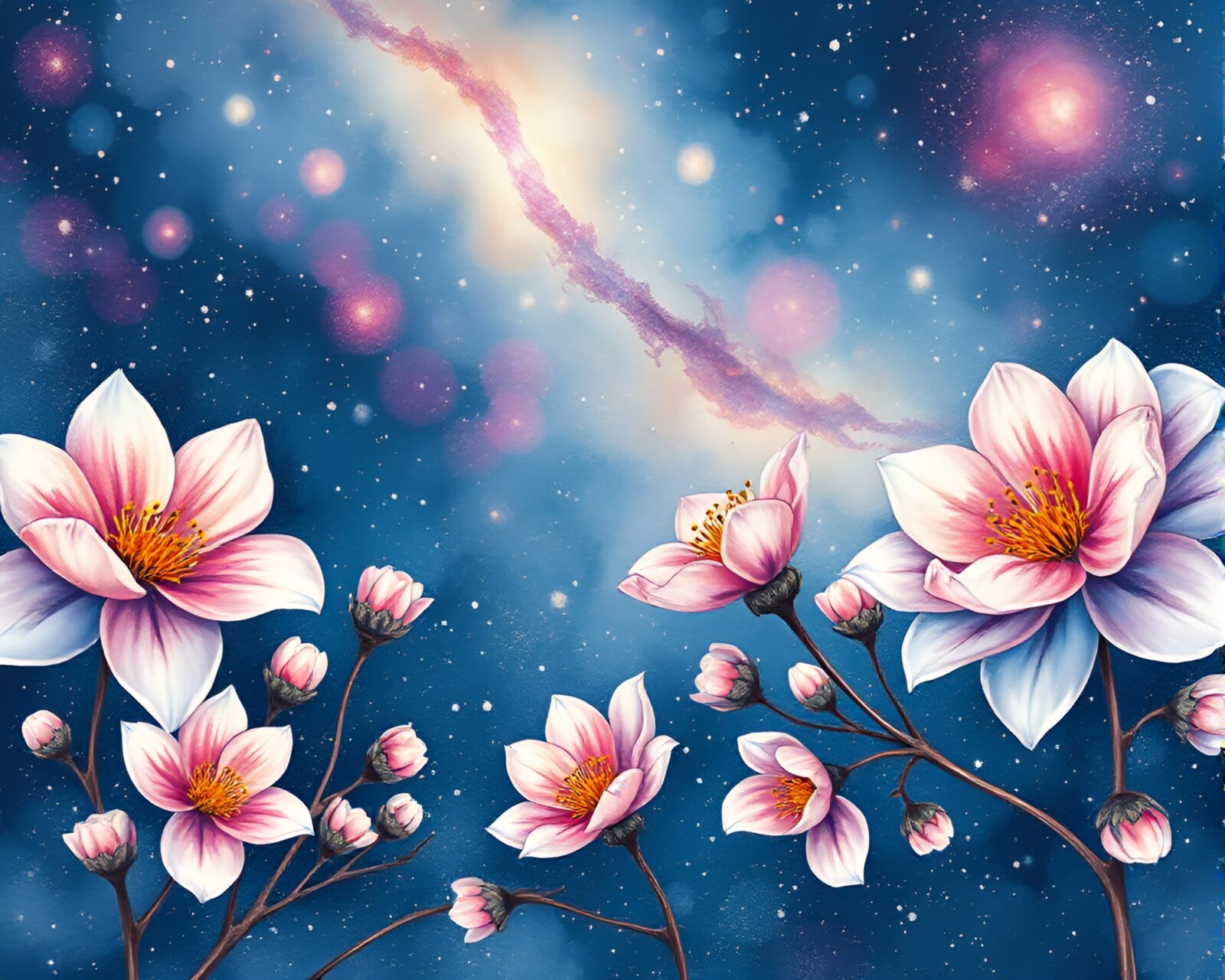 Engraved watercolor winter scene in cosmic hues