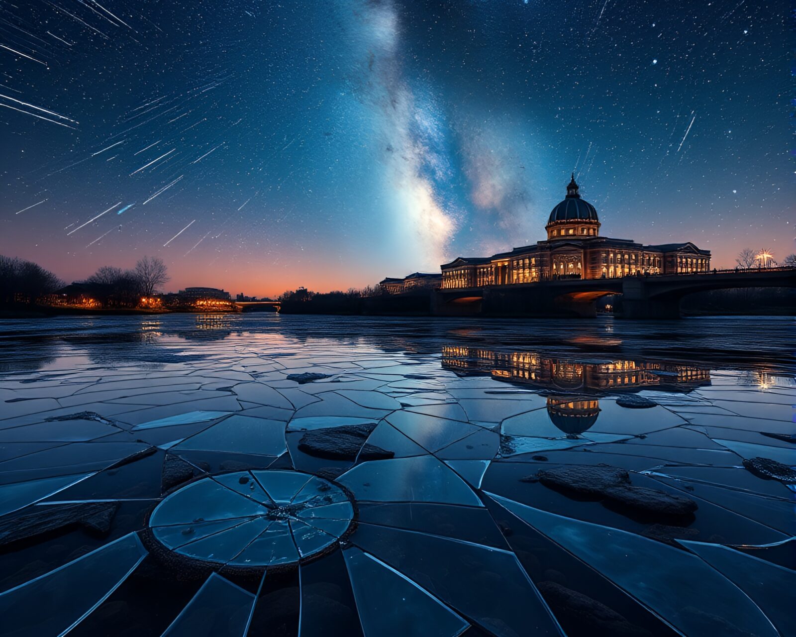 Surreal architectural scene with broken glass reflecting milky way