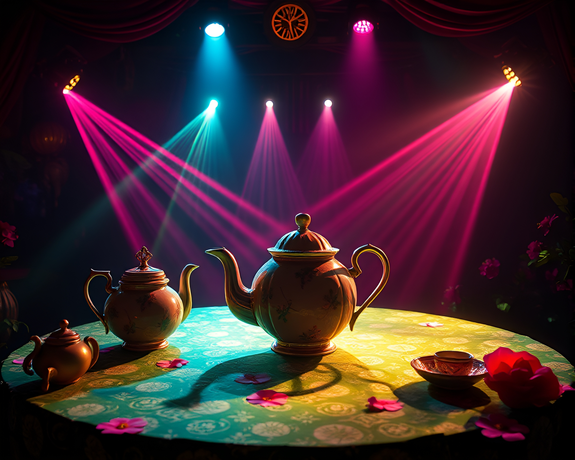 Laser Wonderland Tea Party under Spotlight – free AI stock image