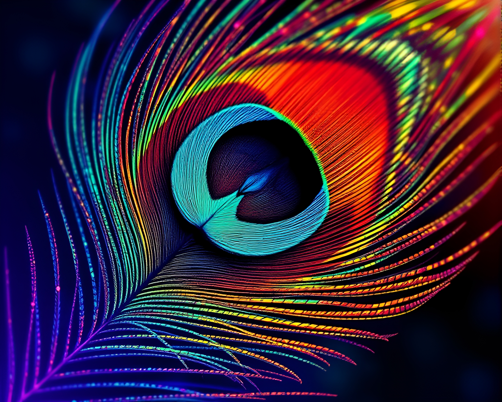 Halftone Peacock Feather Photocollage with Surreal Color Shift – free AI stock image