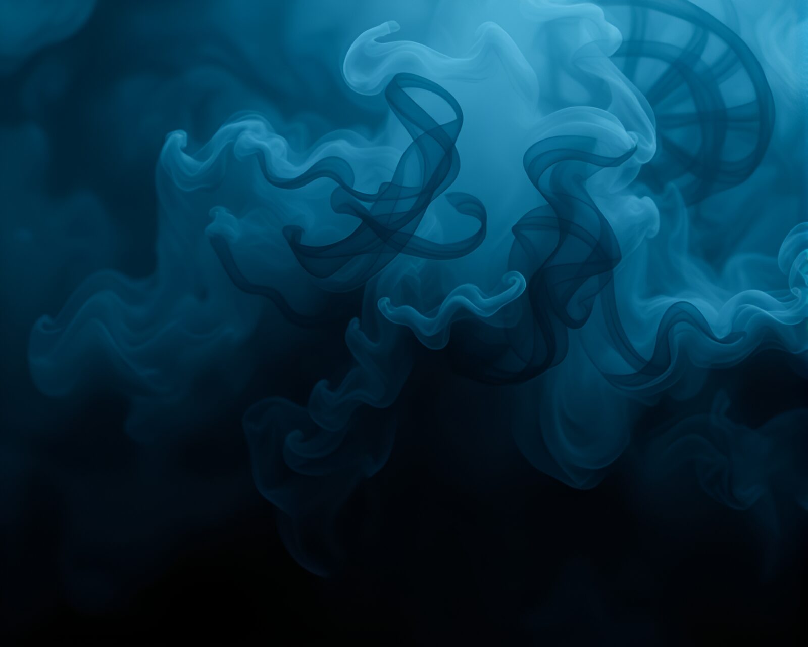 Mysterious grove engulfed in ethereal smoke plumes, ocean-blue tones