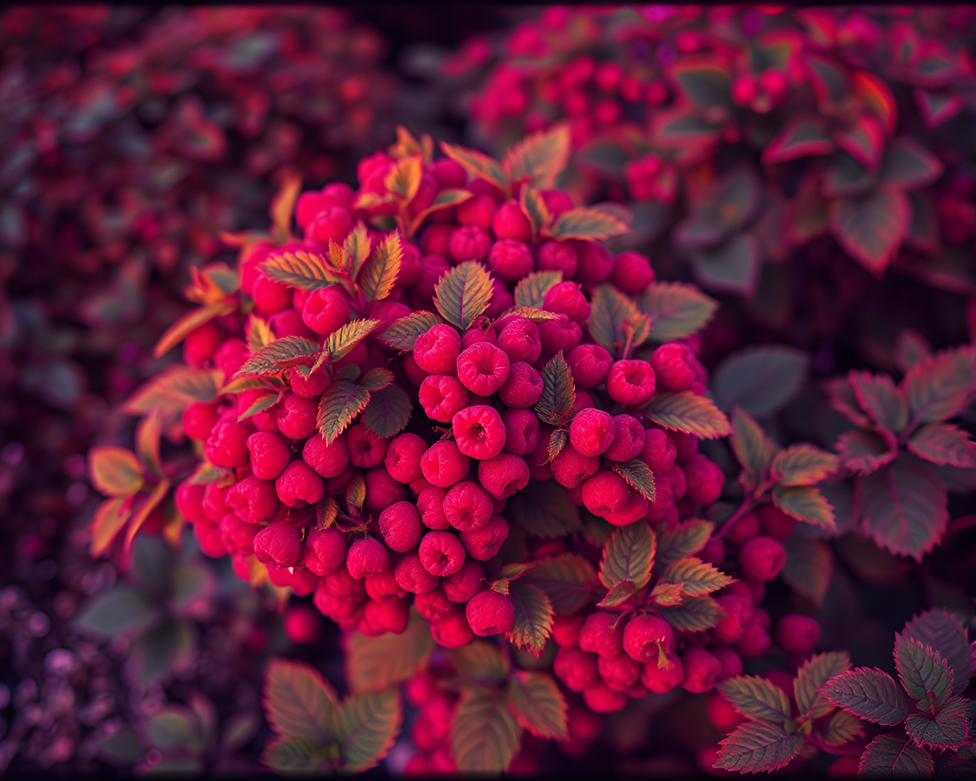 Triadic Thermal Raspberry Bush Vignette – free AI stock image