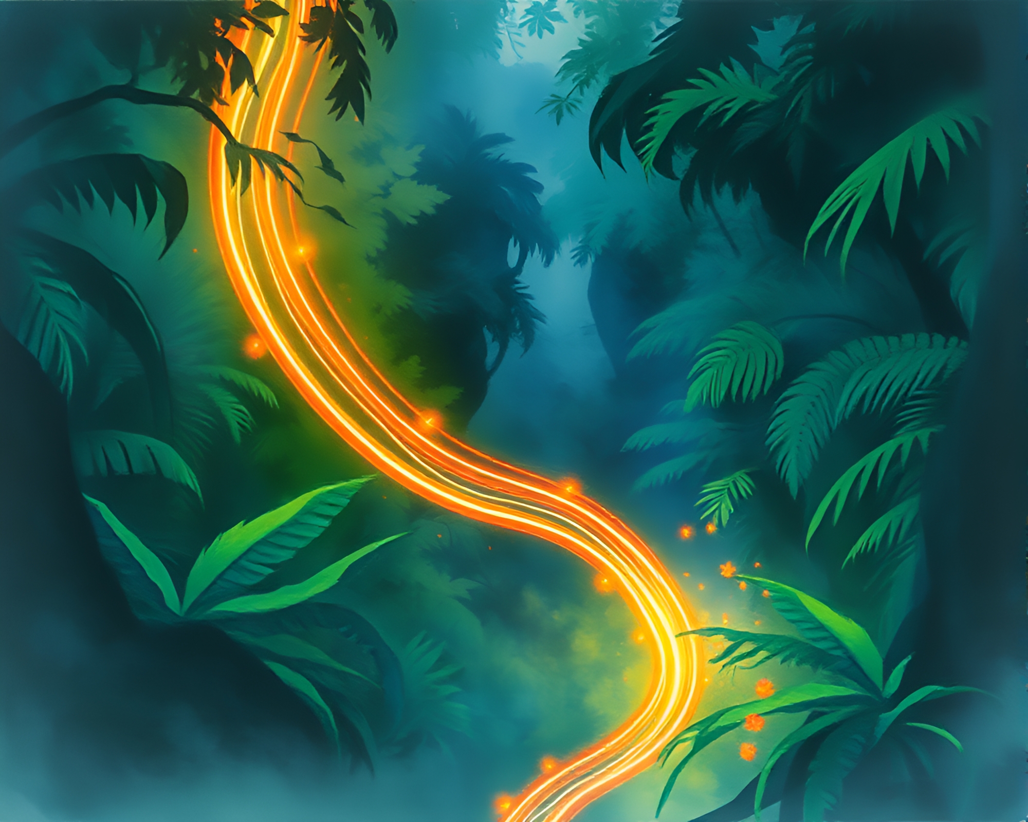 Enchanting Watercolor Jungle with Vibrant Light Trails – free AI stock image