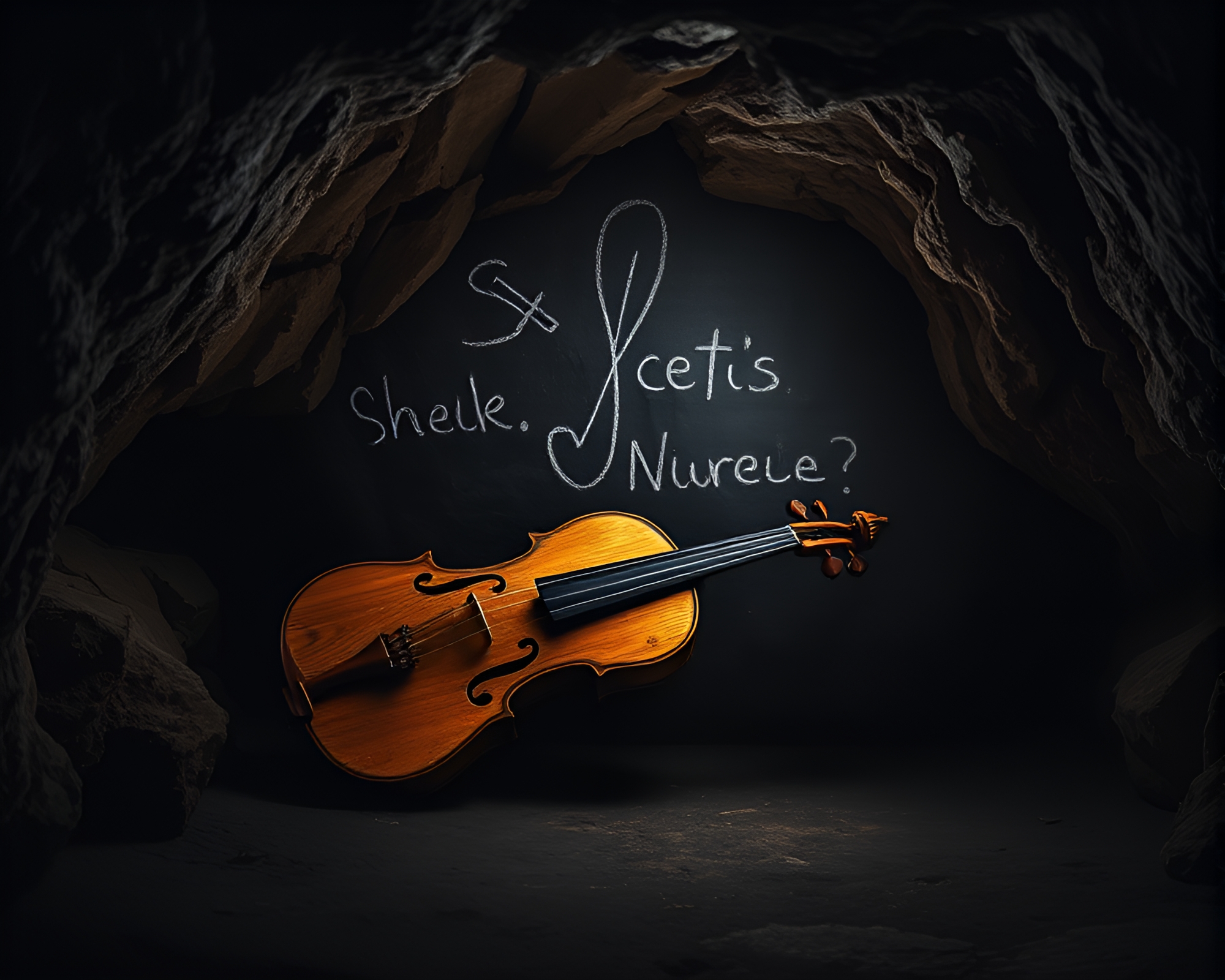 Chalked Violin in Enchanted Cave – free AI stock image