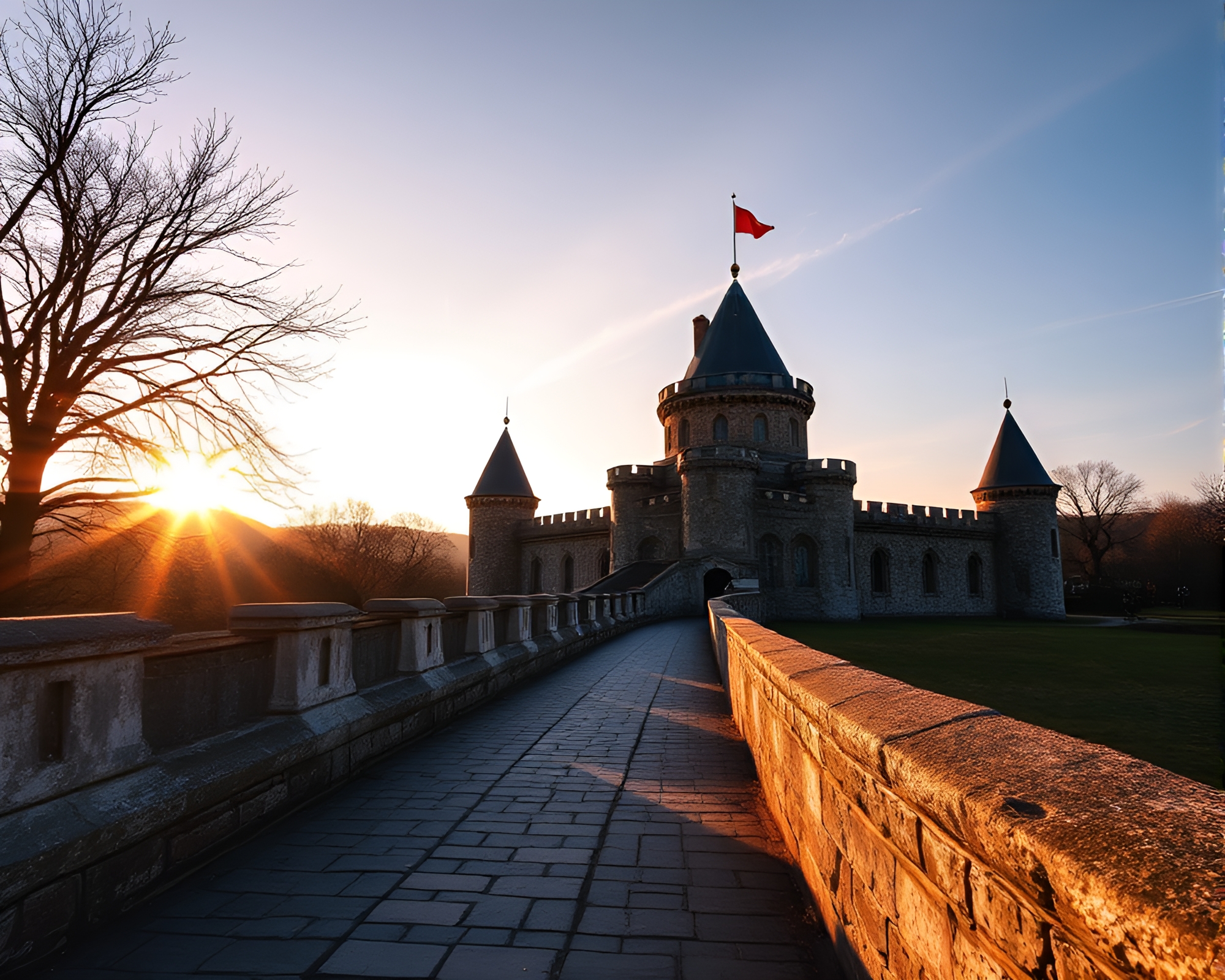 Majestic Castle at Sundown: A Leading Line Masterpiece – free AI stock image