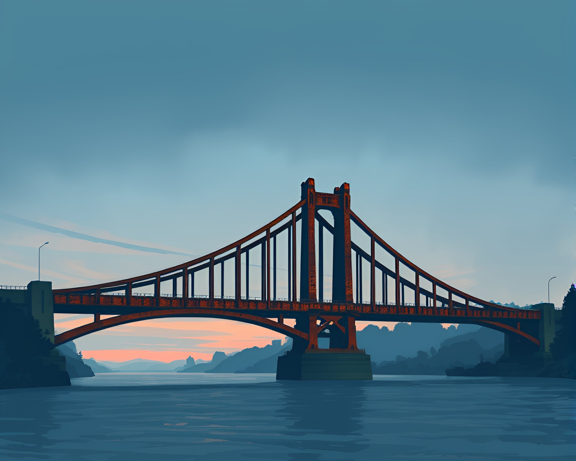 Rust Patina Arch Bridge at Dusk – Cel Shading Style – free AI stock image