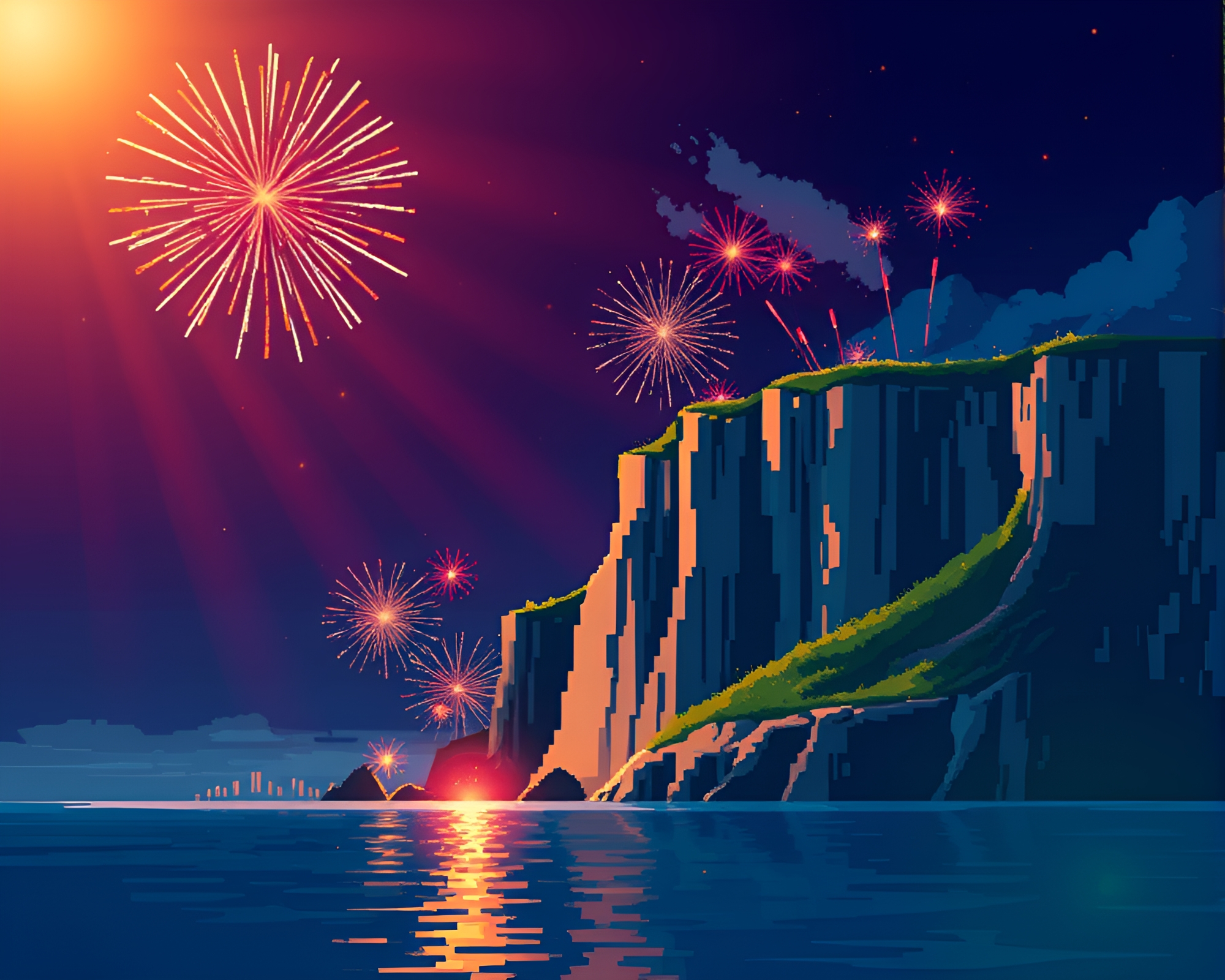 Cliffside Festival Fireworks Pixel Art Extravaganza – free AI stock image