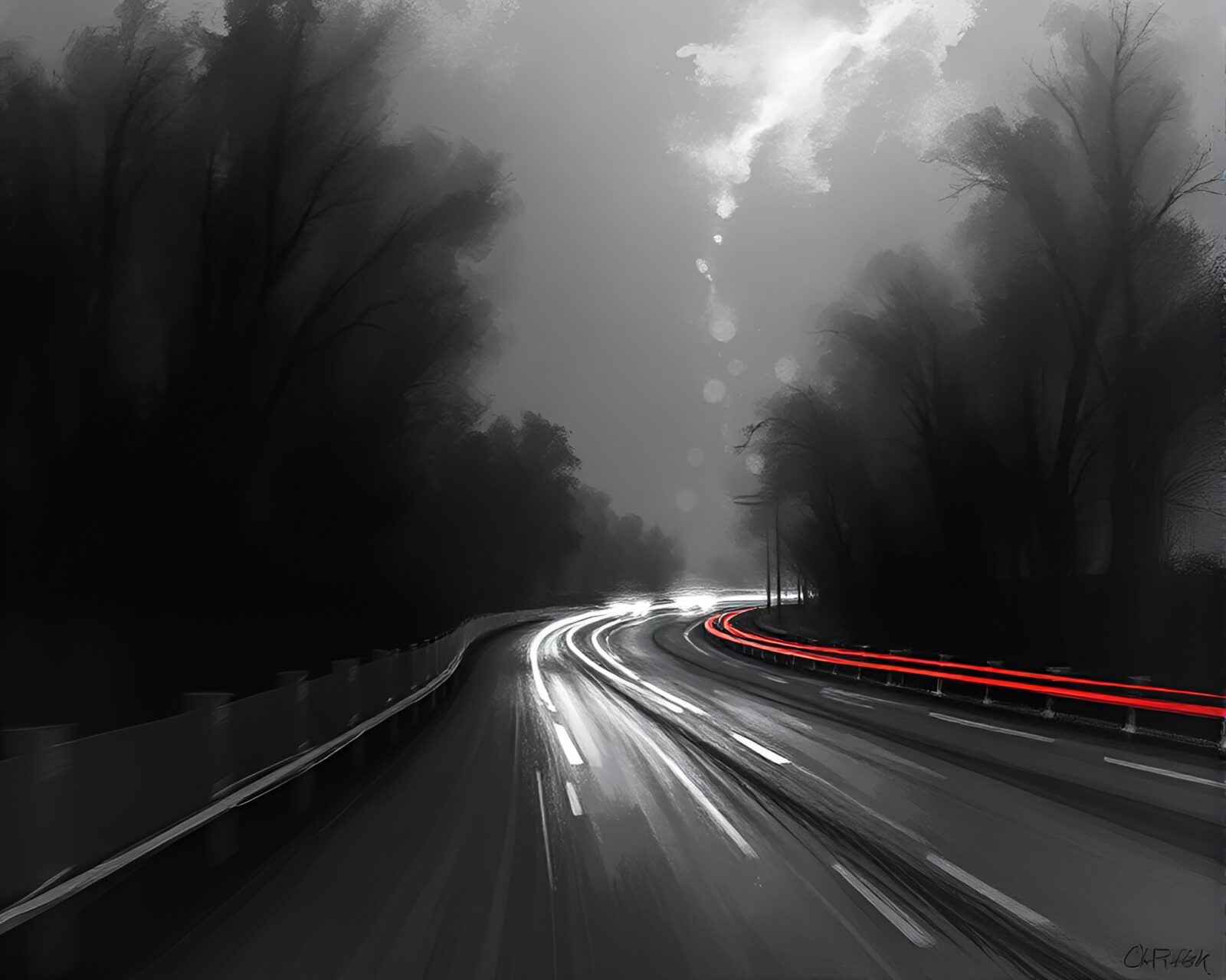 Abstract digital bloom over car light trails with drum focus