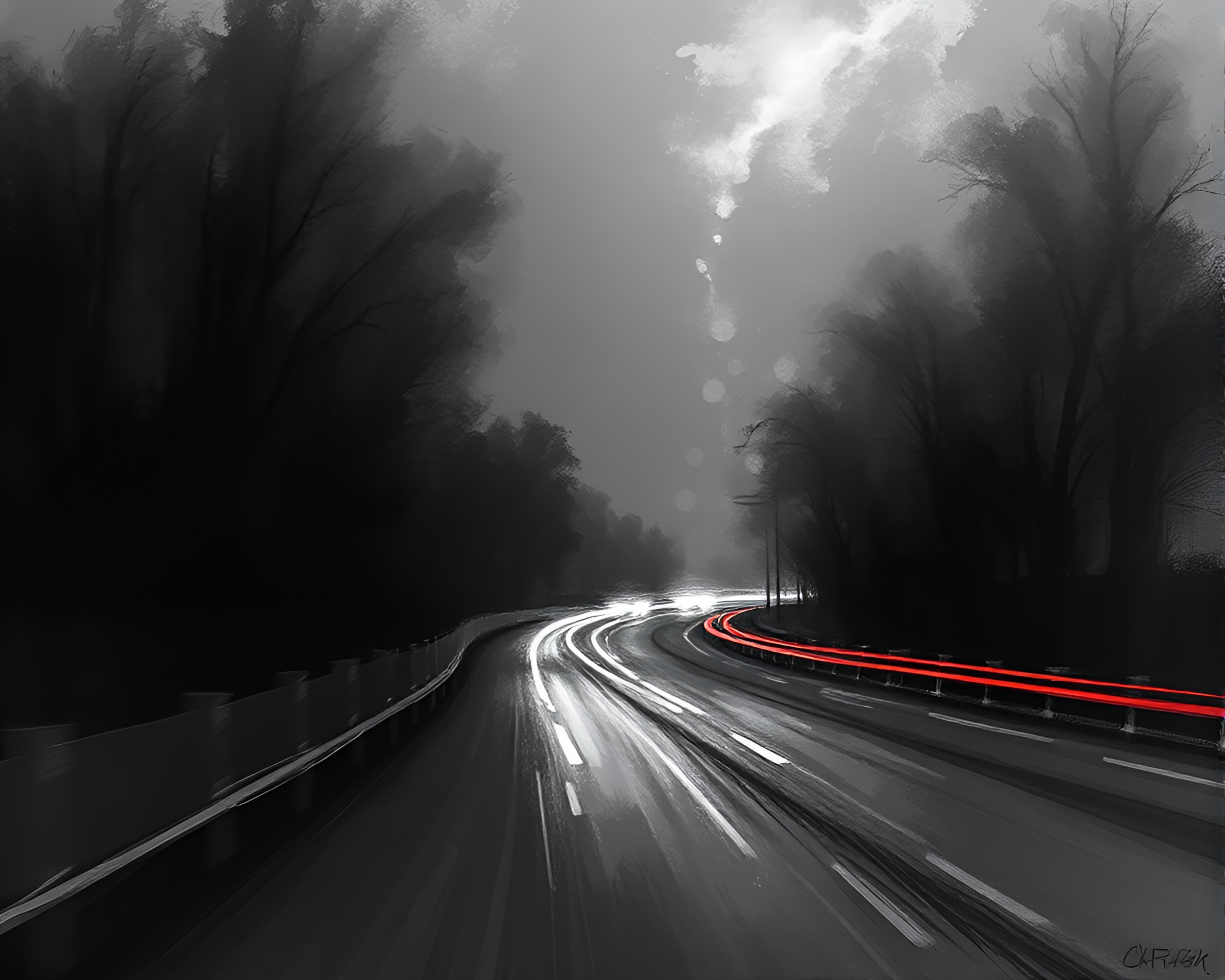 Drum-themed car light trails in charcoal sketch – free AI stock image
