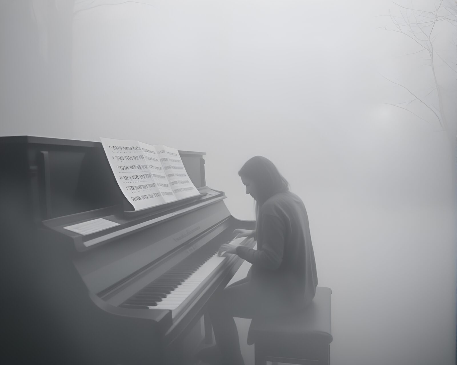Surreal infrared scene of musician playing piano in fog