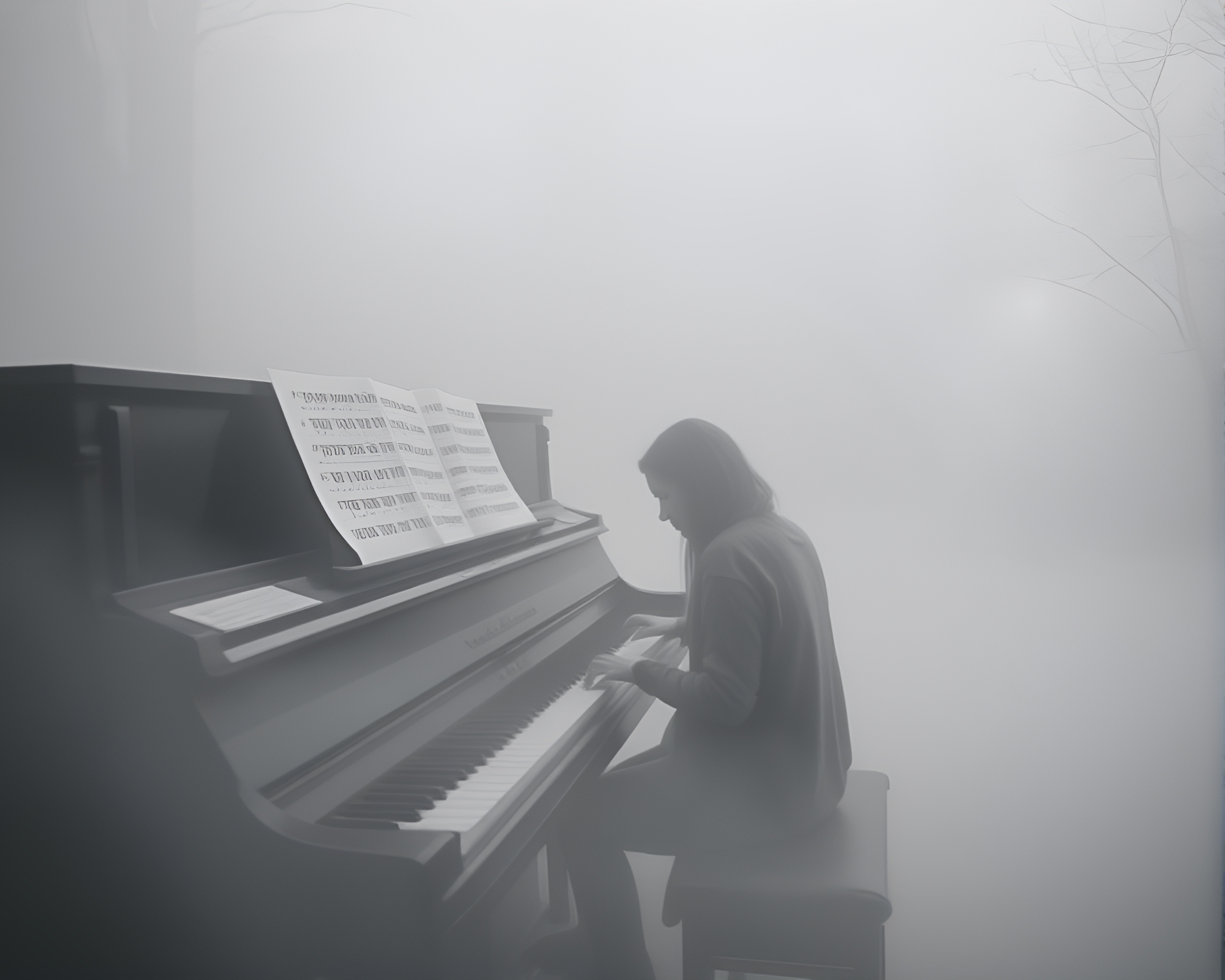 Enchanted Piano Player in Mystical Infrared Fog – free AI stock image