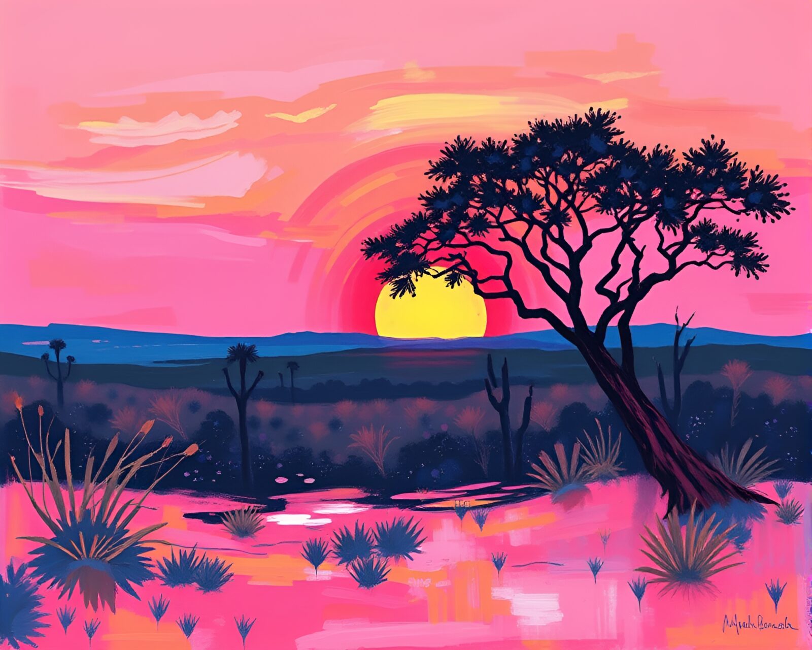 Pink-hued savanna sunset in bold expressionist style painting