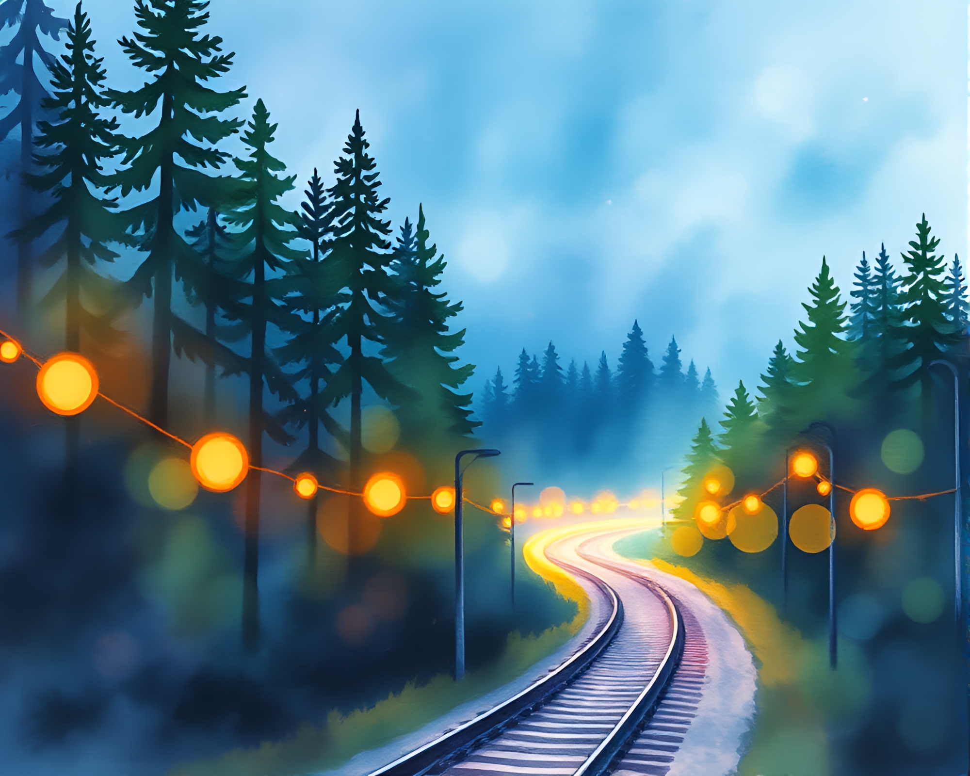 Enchanting Forest Train Light Trails Watercolor Painting – free AI stock image