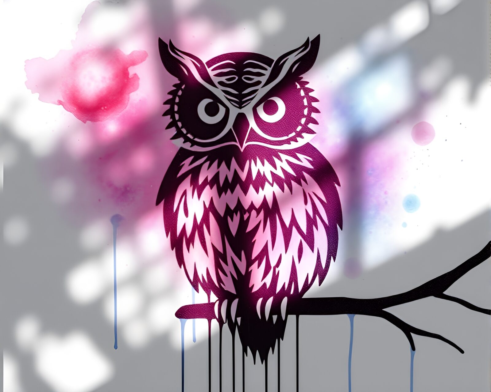 Colorful dripped paint owl in galaxy-inspired shadow