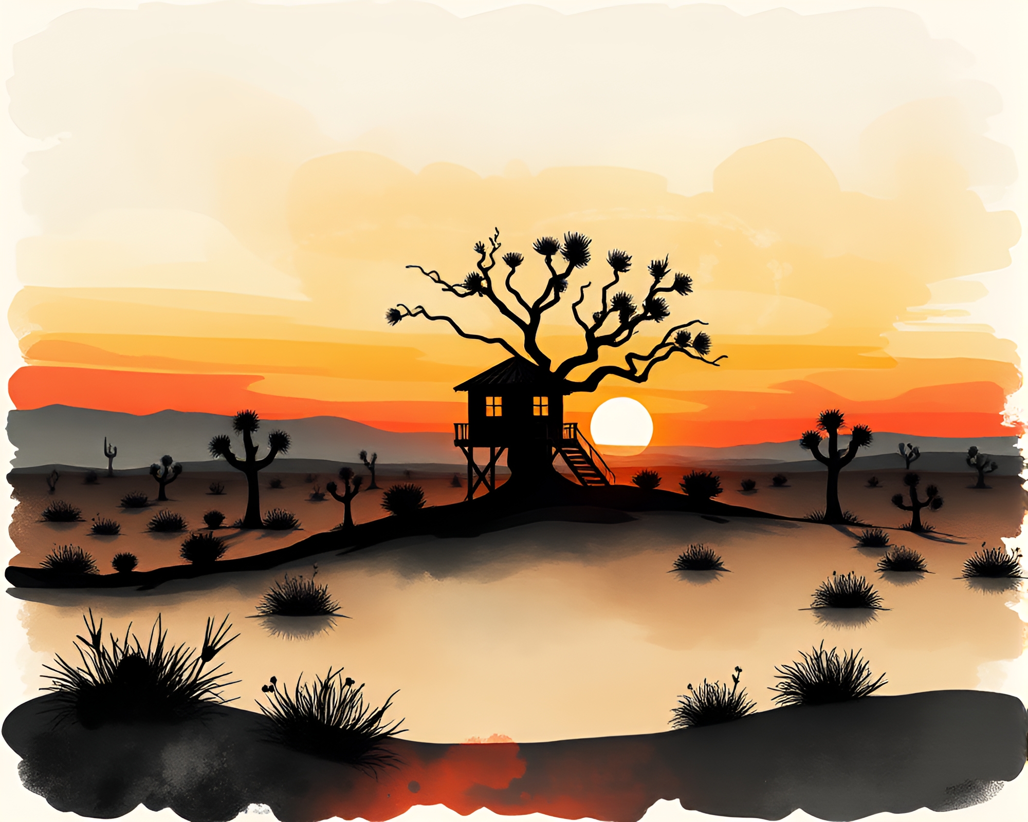 Desert Sunset Treehouse with Ink Splashes – free AI stock image