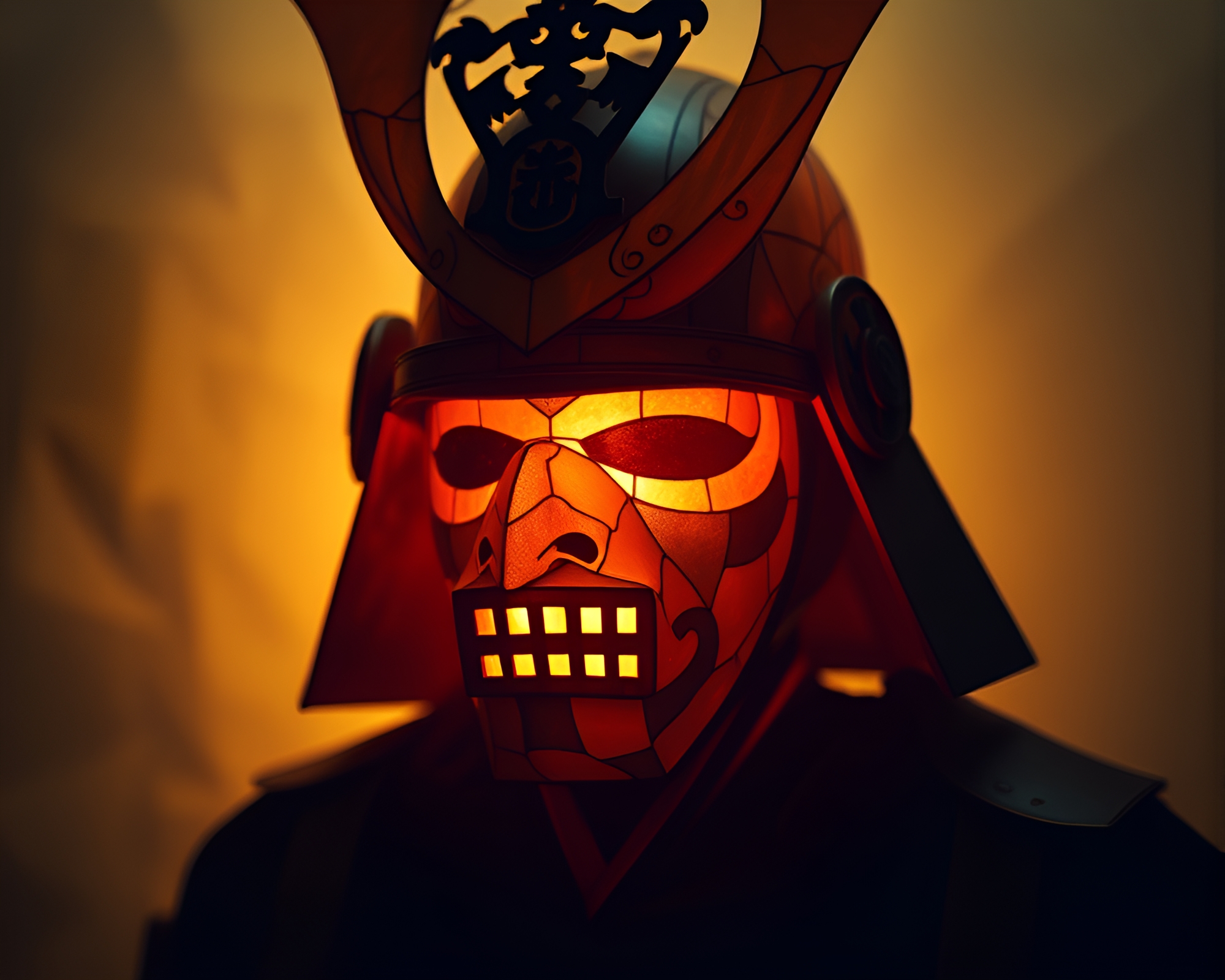 Samurai Helmet Made of Paper Tears in Stained Glass Light – free AI stock image