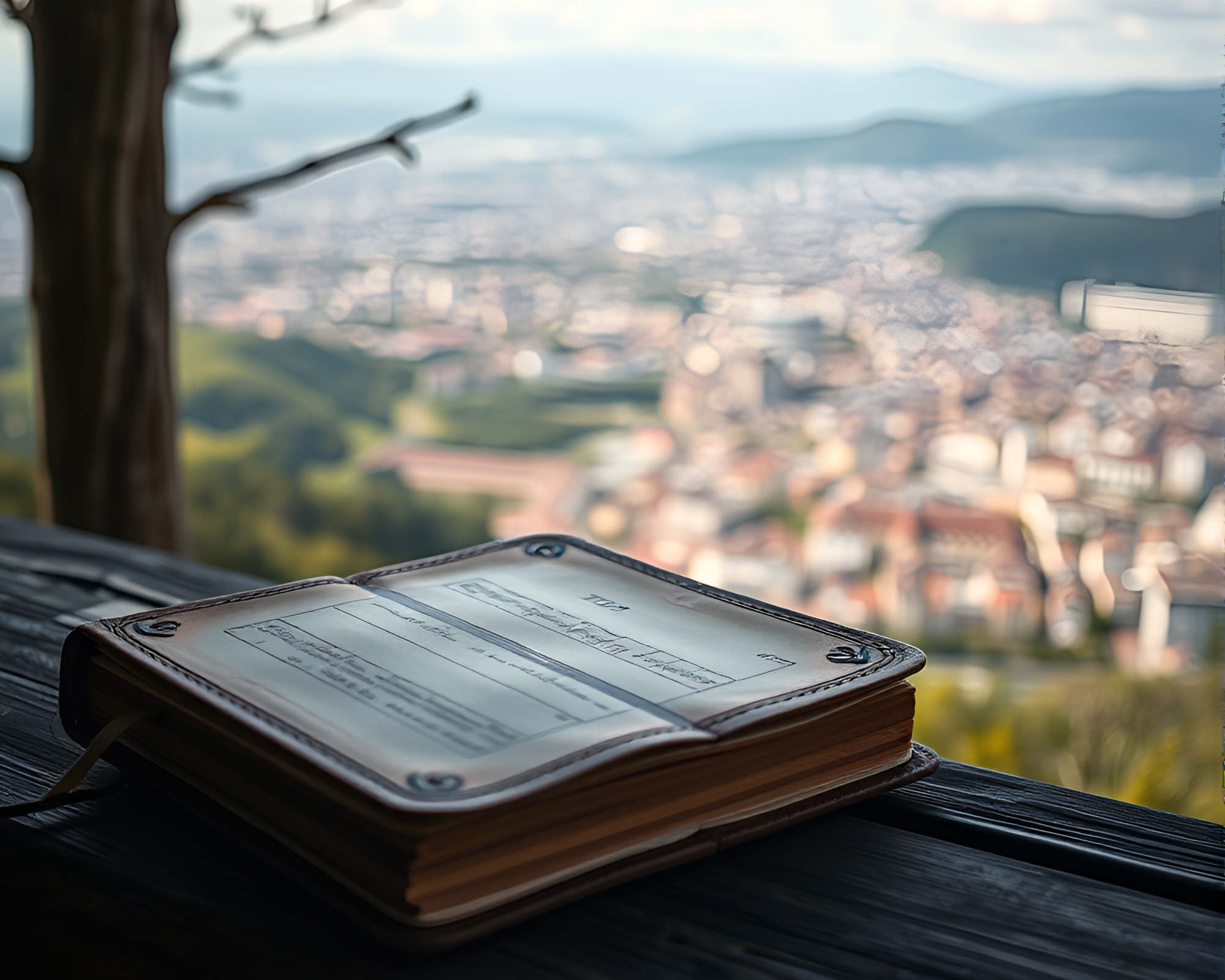 Panoramic Leather-bound Diary in Bokeh Light – free AI stock image