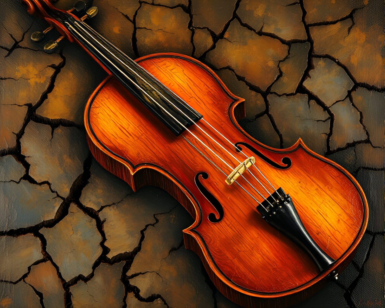 Palette knife painting of wooden violin on parched ground