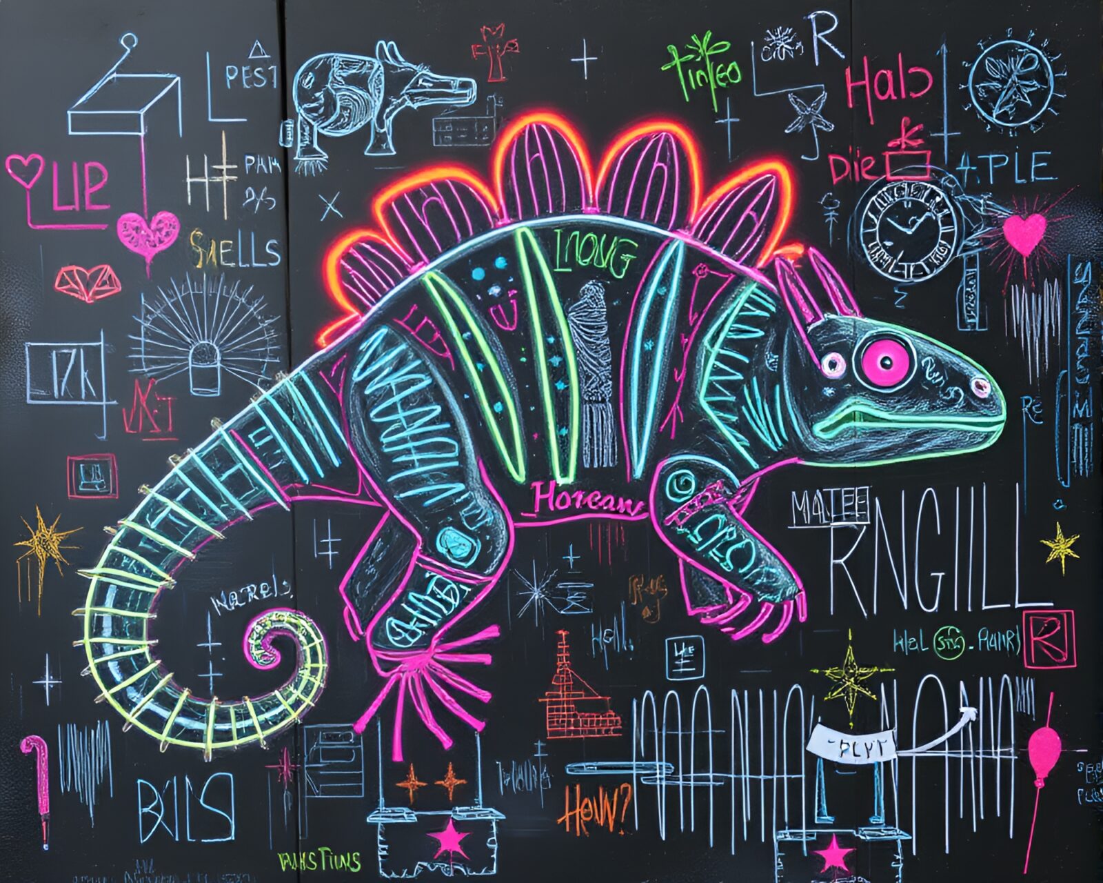 Vibrant neon graffiti chalk art of an armadillo