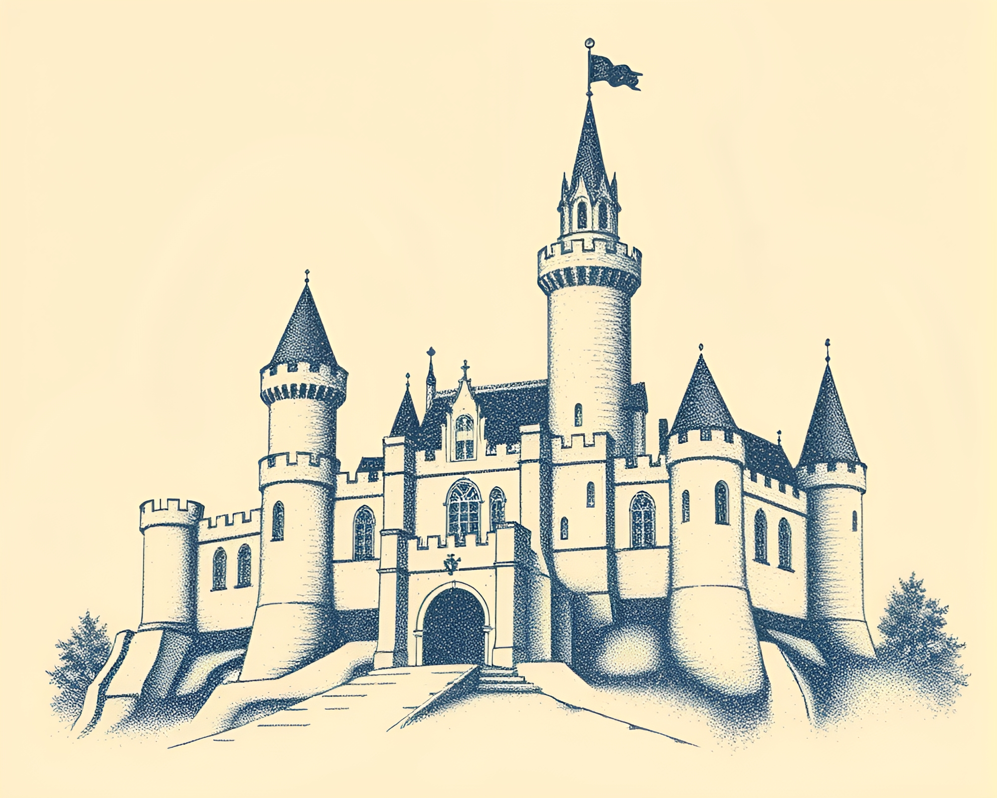 Stippled Retro Castle in 90s Grunge Style – free AI stock image