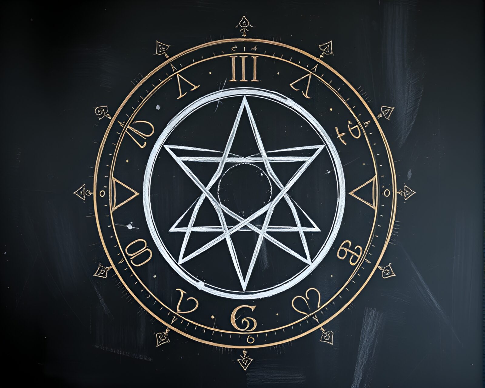 Mysterious alchemical symbols on a chalkboard with dynamic lighting