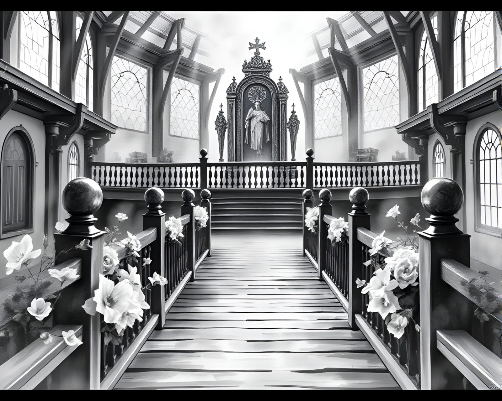 Serene yet regal scene with monochrome watercolor blooms and wooden bridge