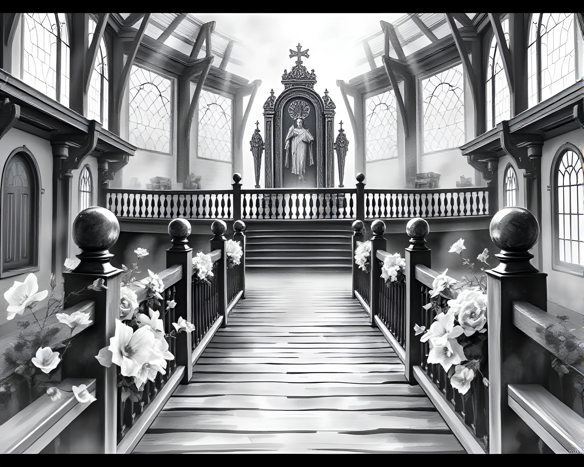 Monochrome Watercolor Blooms Surround Wooden Bridge in Throne Room – free AI stock image