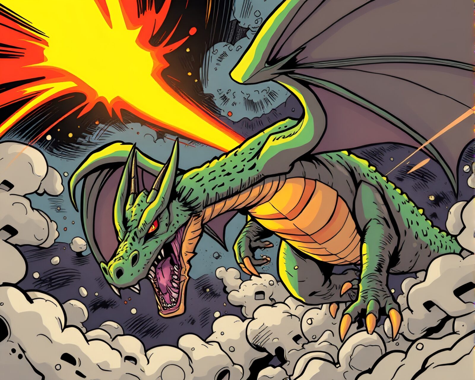 Epic dragon zoom burst in spotlight comic style