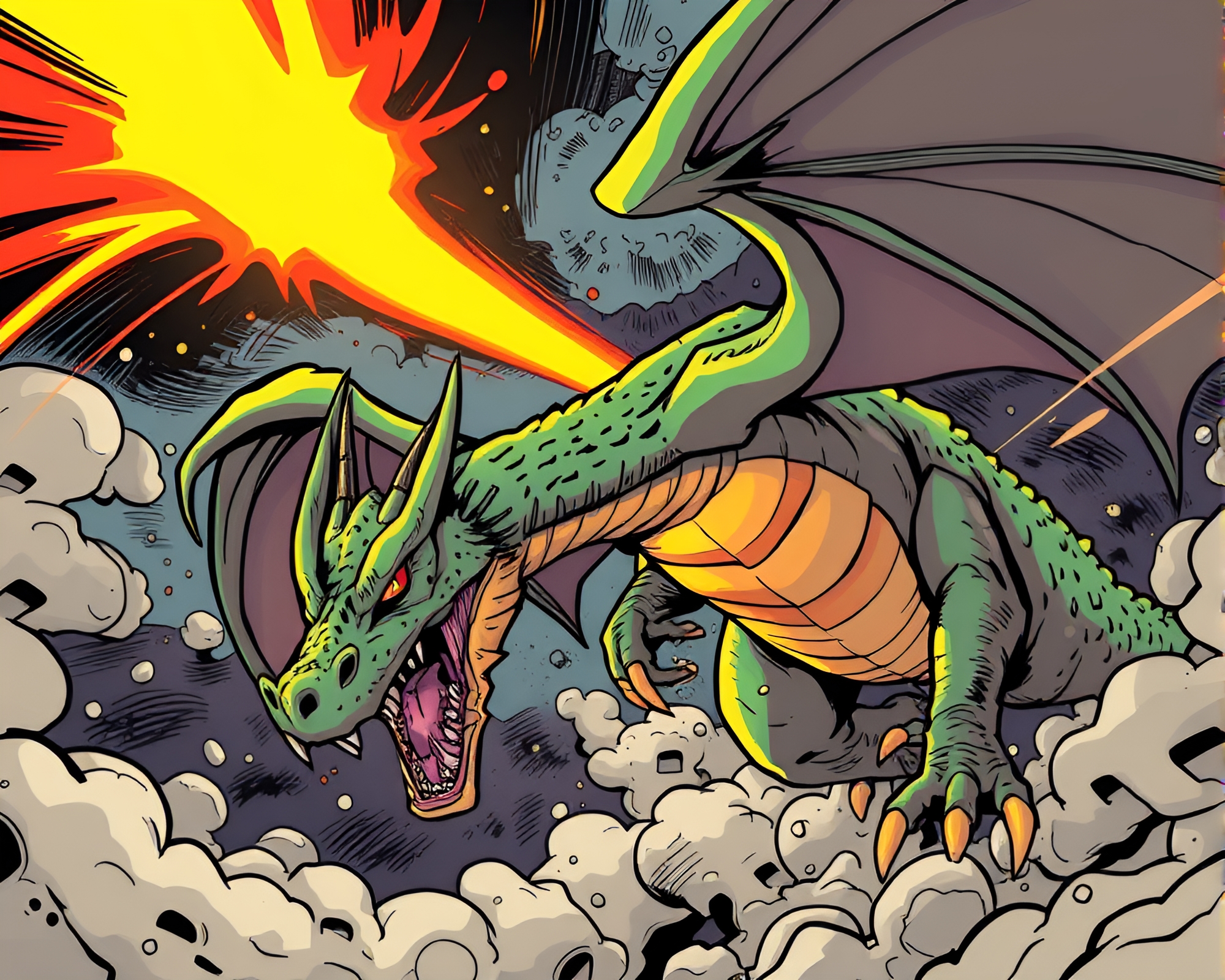 Zoom Burst Dragon in Comic Book Spotlight – free AI stock image