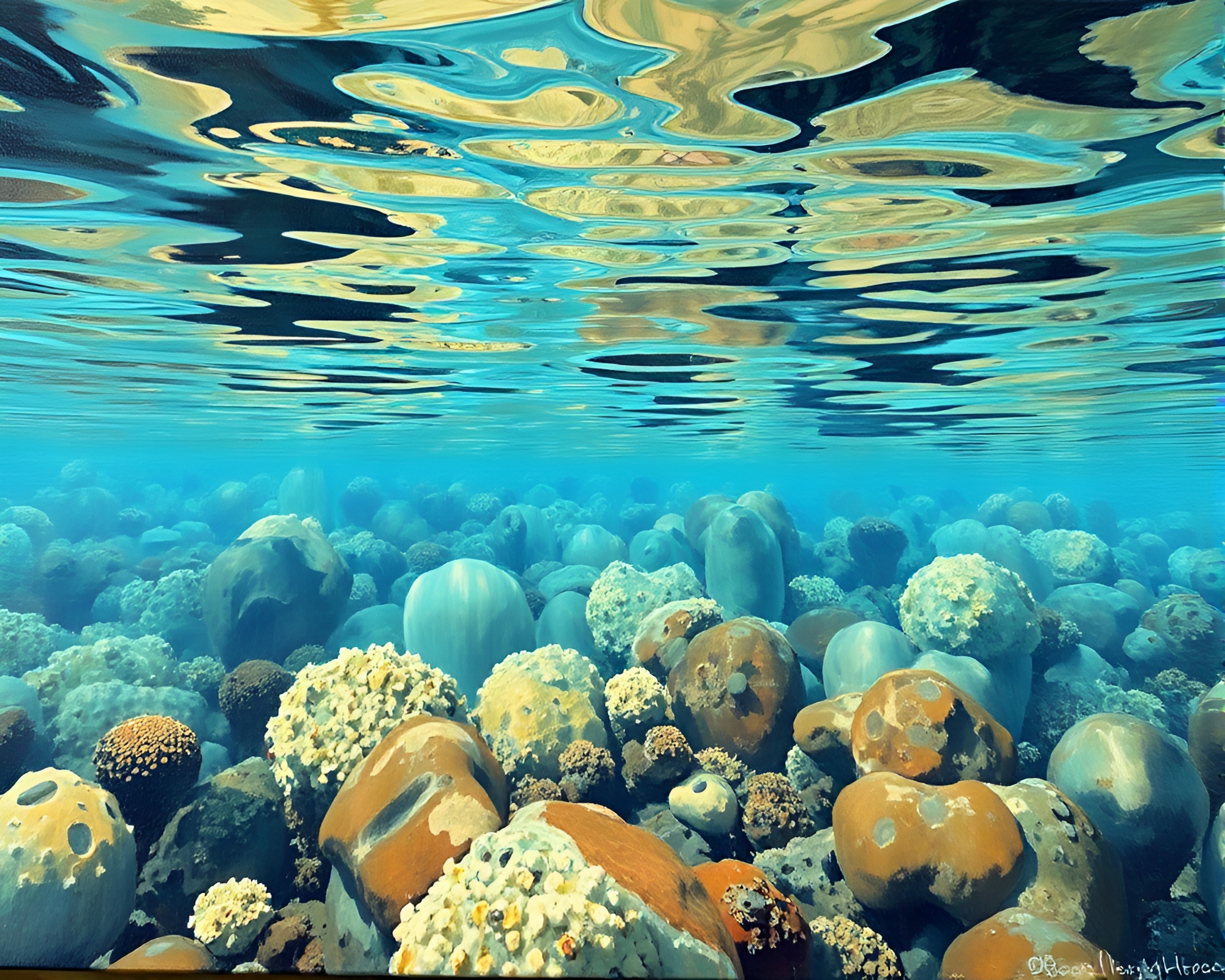 Coral Reef Reflection in Dramatic Cross-Processed Puddle – free AI stock image