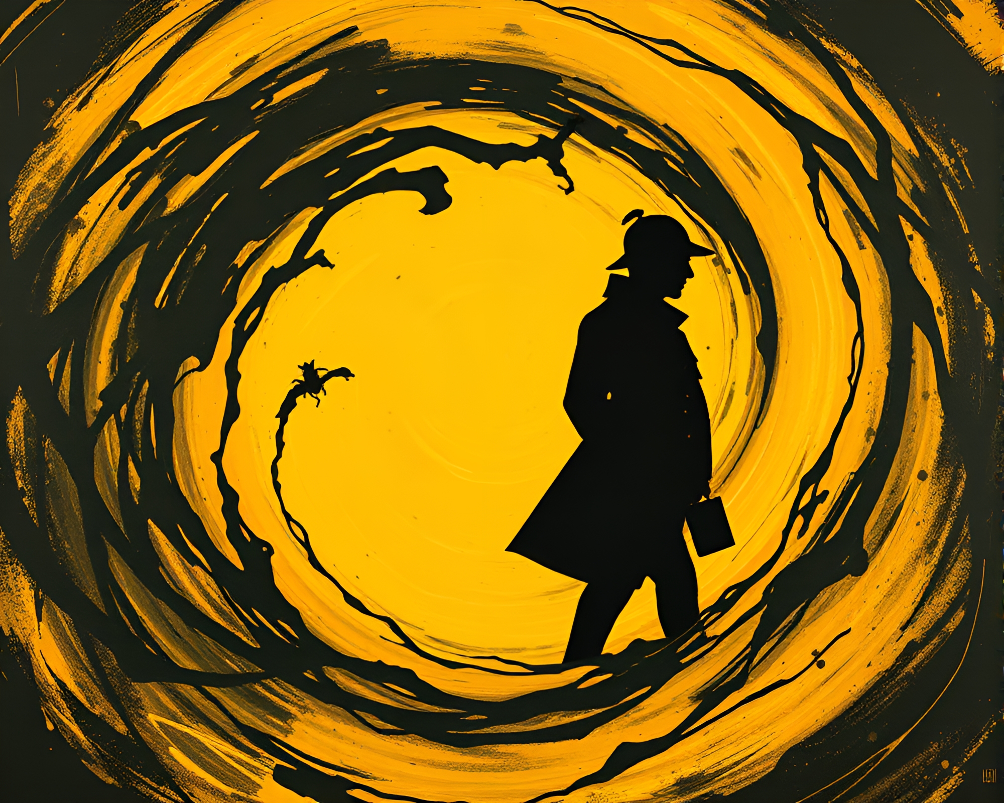 Sherlock Holmes Silhouette in Mustard Yellow Swirling Vortex – free AI stock image