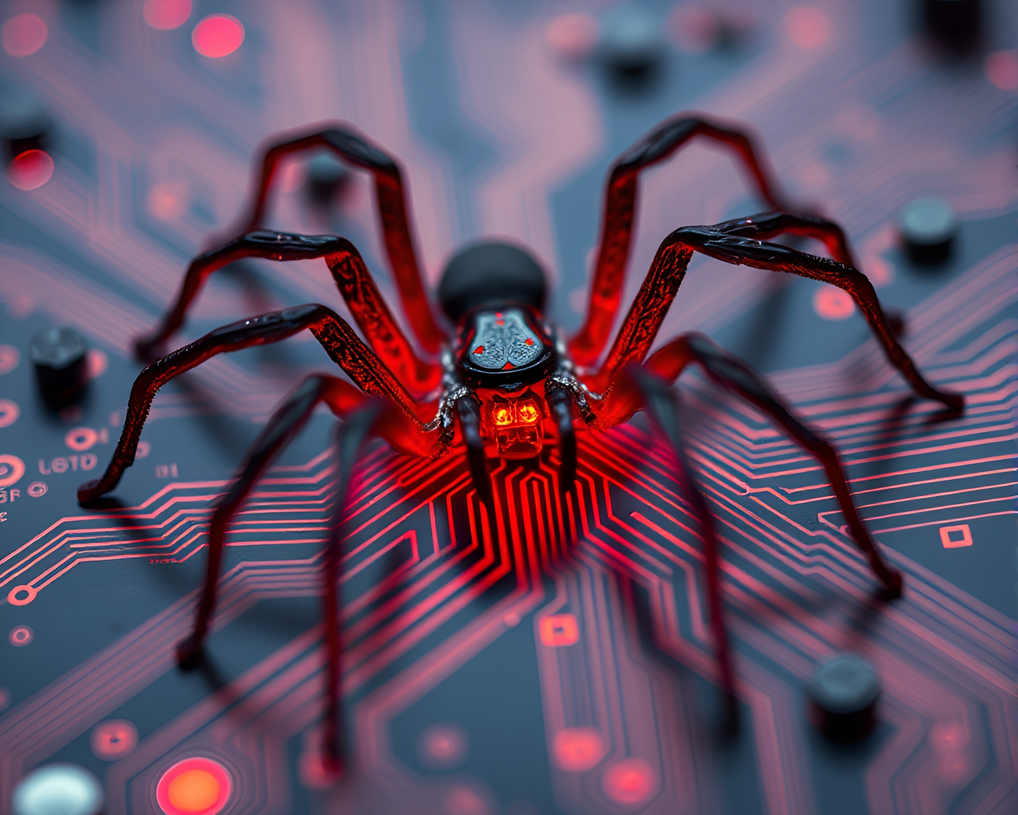 Mechanical Spider Crawling on Volcano-Red Circuit Board – free AI stock image