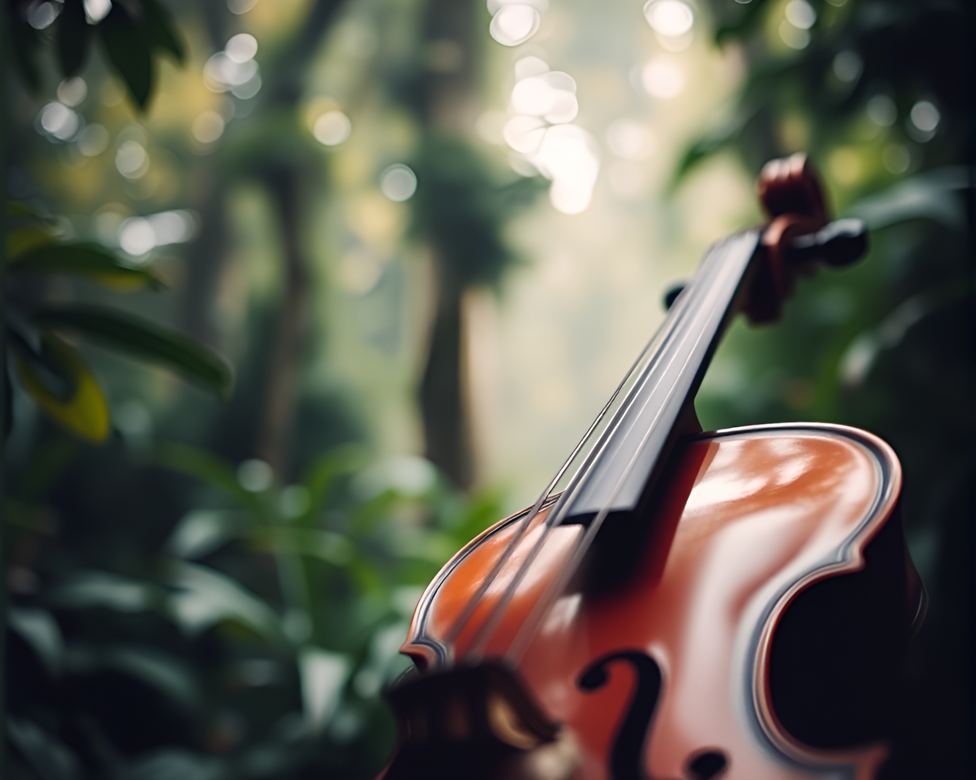 Violin in Lush Bokeh Jungle Serenity – free AI stock image