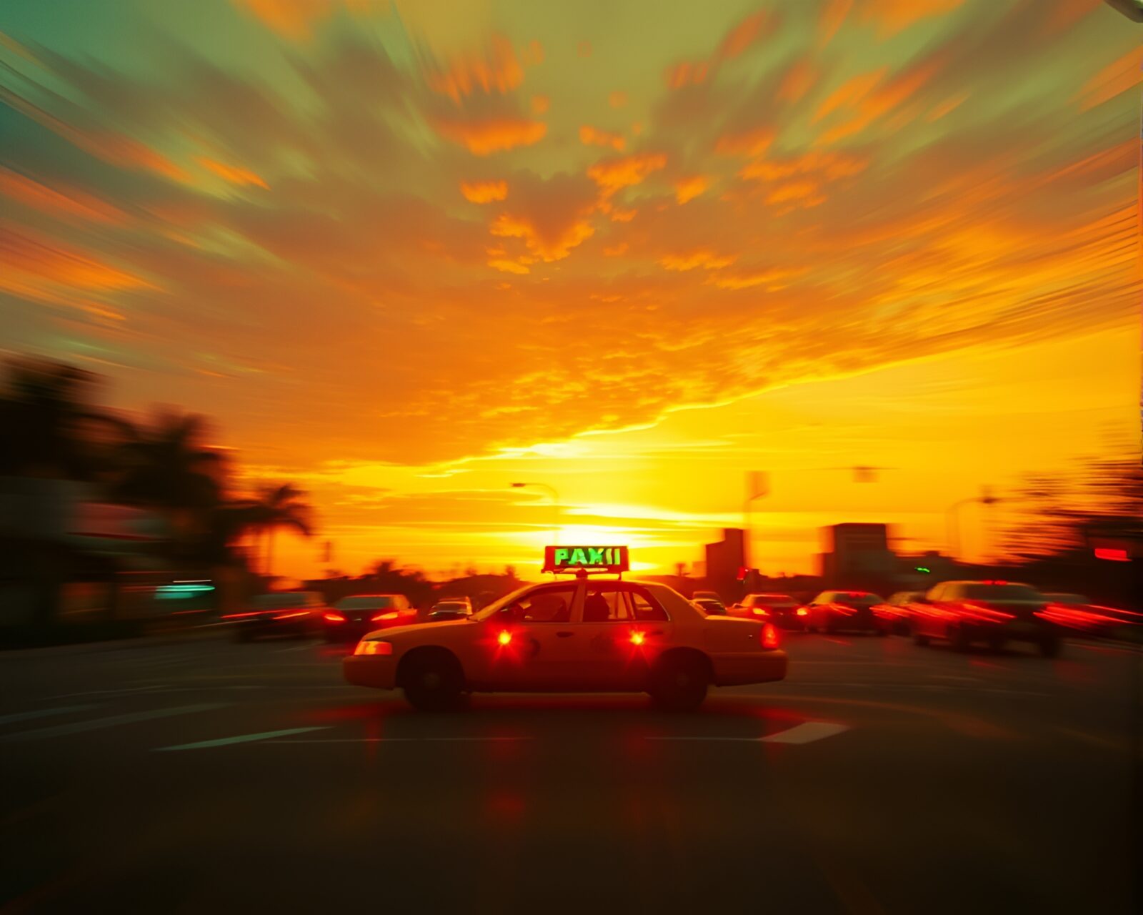 Colorful fractal hover taxi under a sunset sky