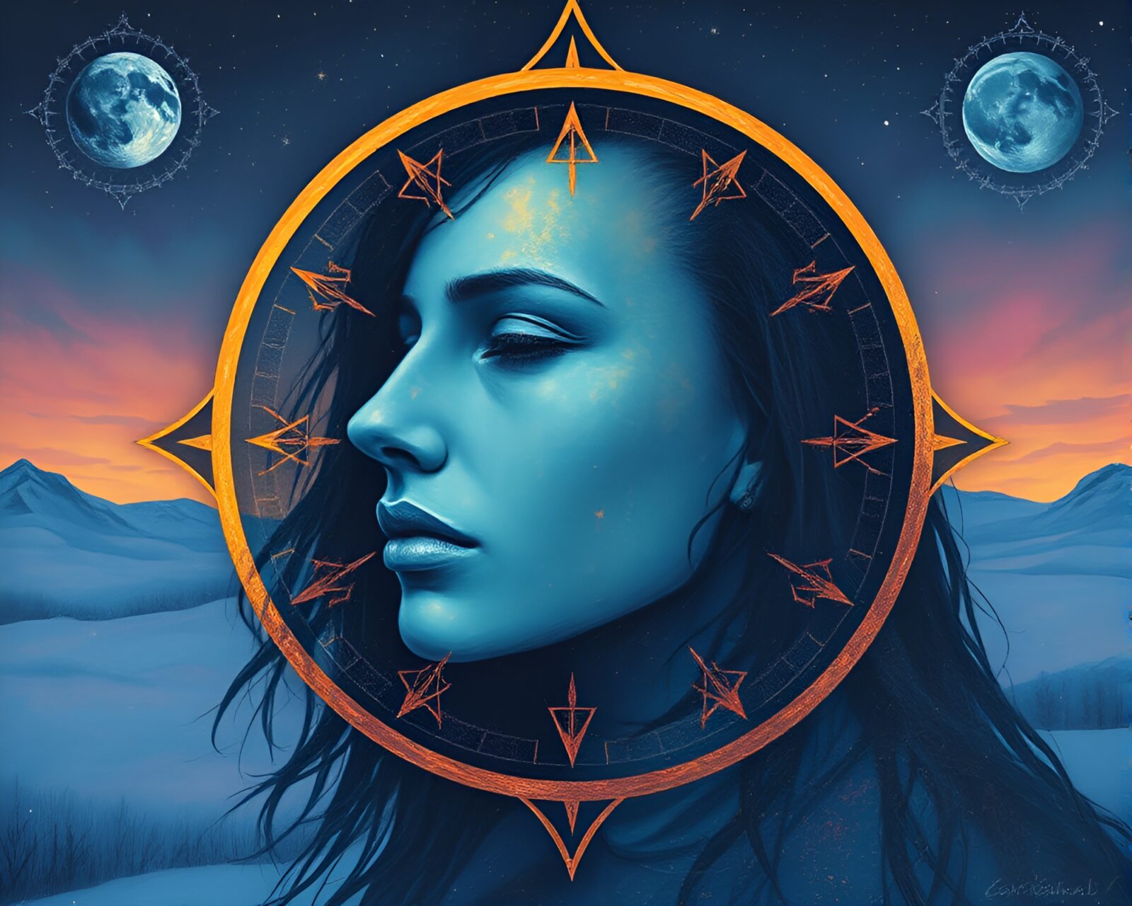 A mystical figure illuminated by polar twilight, showcasing intricate esoteric sigils