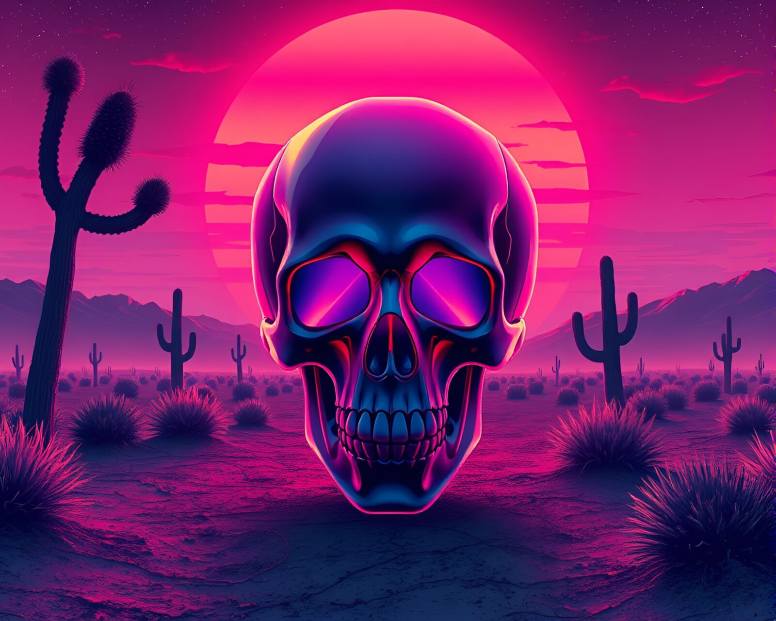 Mystical crystal skull in retro neon desert sunset