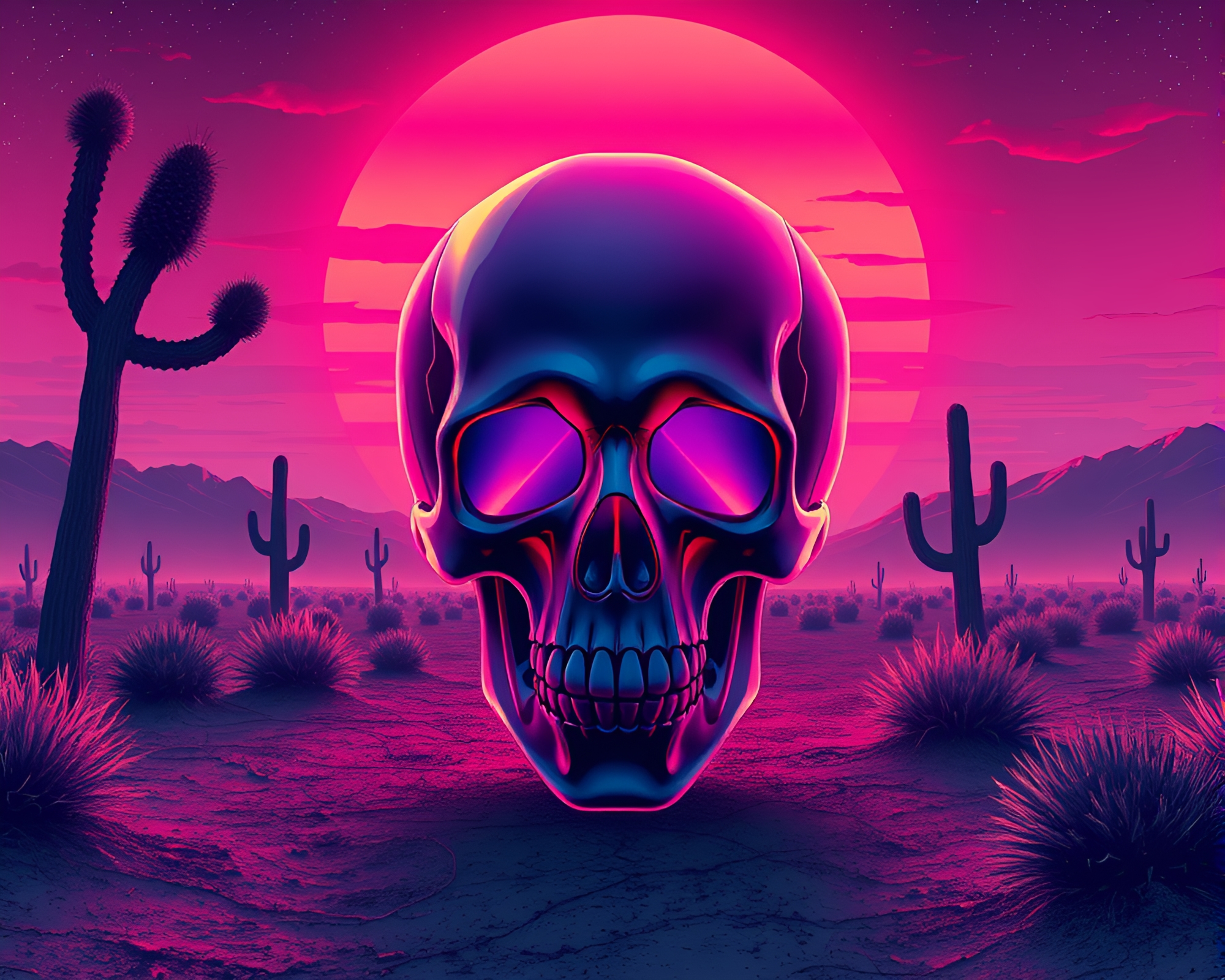 Synthwave Desert Journey with Crystal Skull – free AI stock image