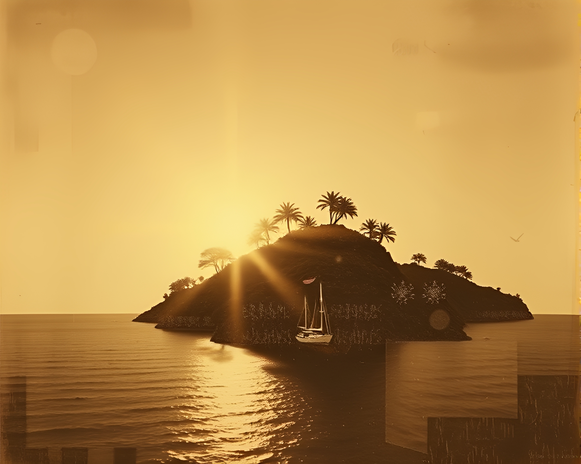 Dadaist Island Sepia Backscatter Flare Collage – free AI stock image