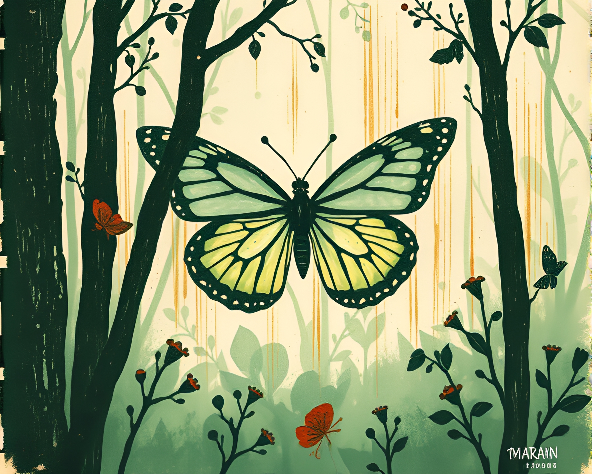 Rust Stain Silk Butterfly Linocut Fantasy Forest Print – free AI stock image