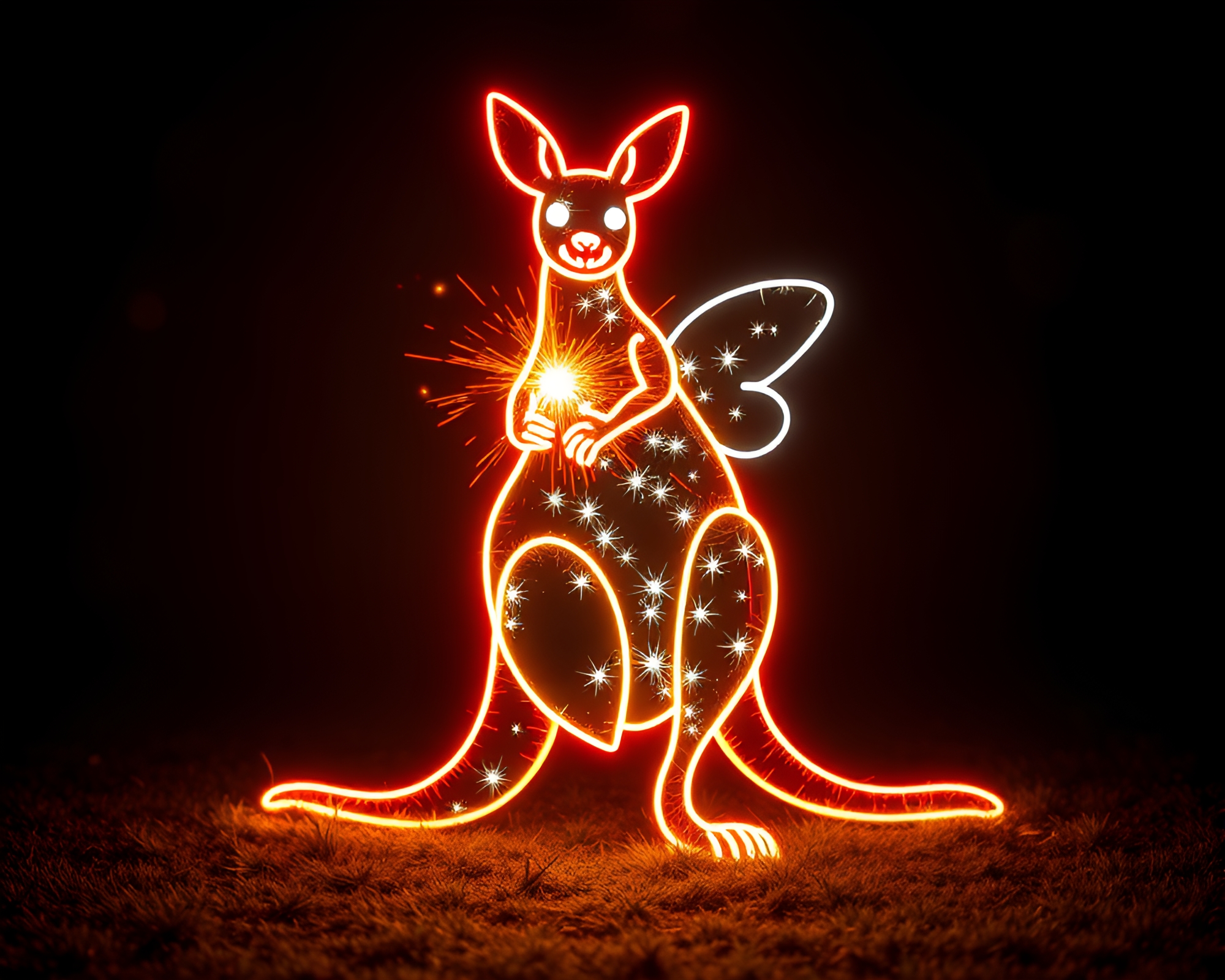 Neon Kangaroo Fairy Light Sparkle Composition – free AI stock image