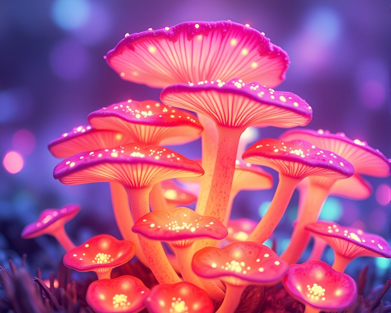 Vivid 3D render of glowing fungi in dreamy watercolors