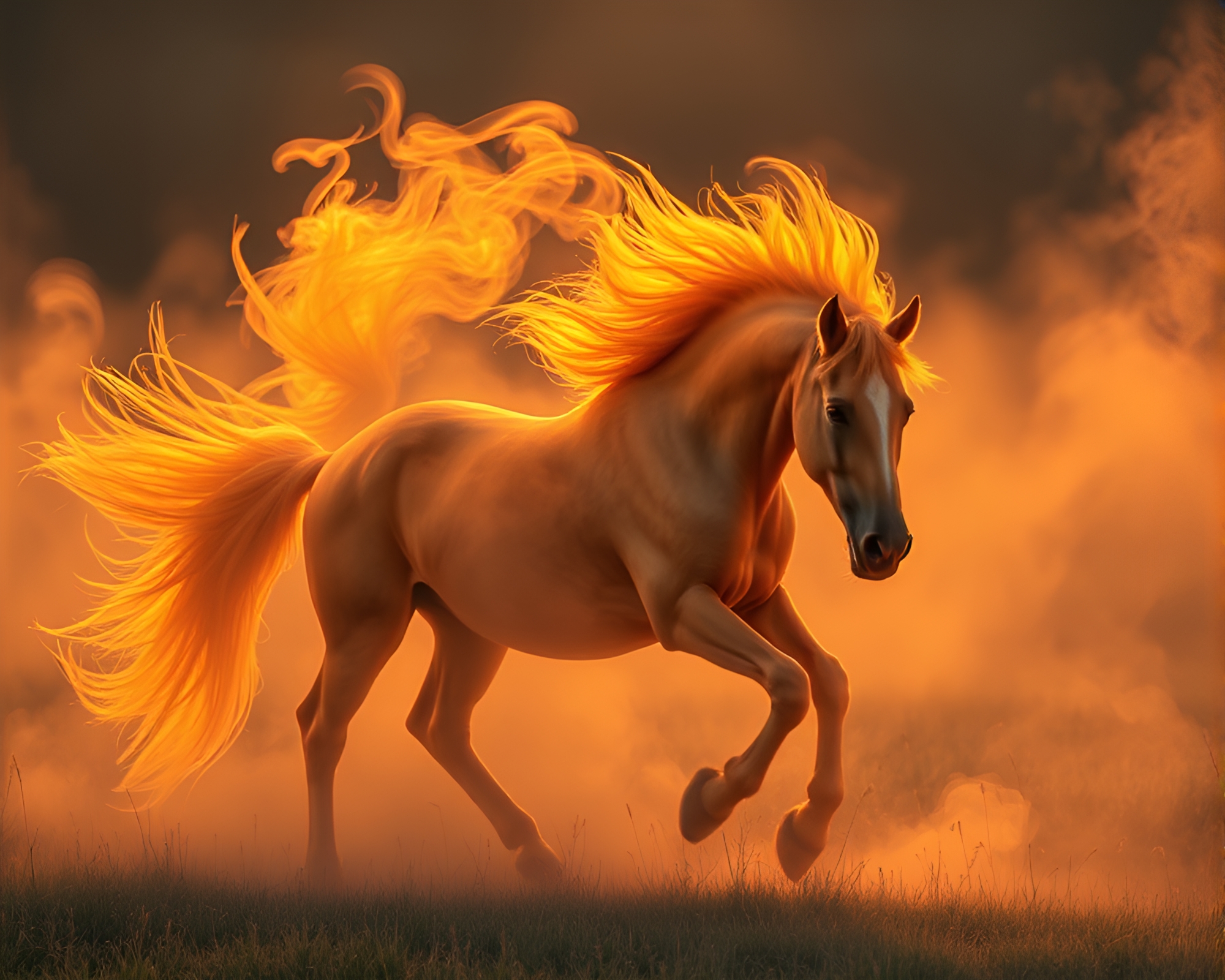 Wild Stallion Galloping through Golden Morning Thermal Smoke – free AI stock image
