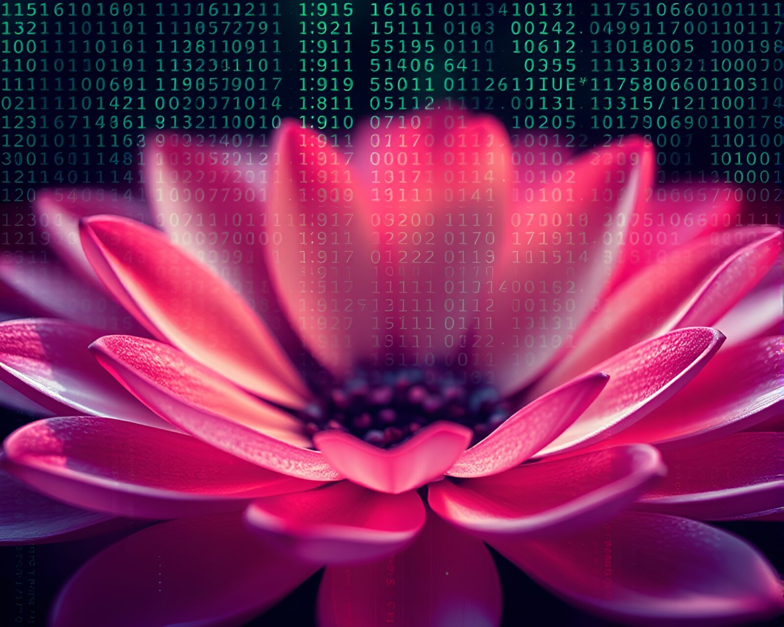 Futuristic HUD overlay with flower petal binary code