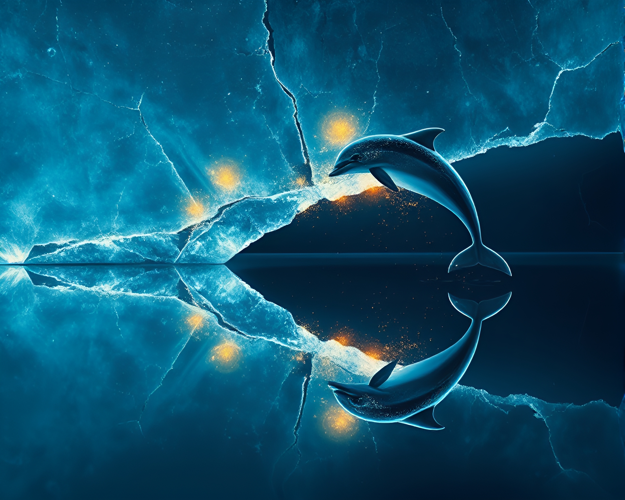Dolphin Swimming under Ice Crack Fireflies – free AI stock image