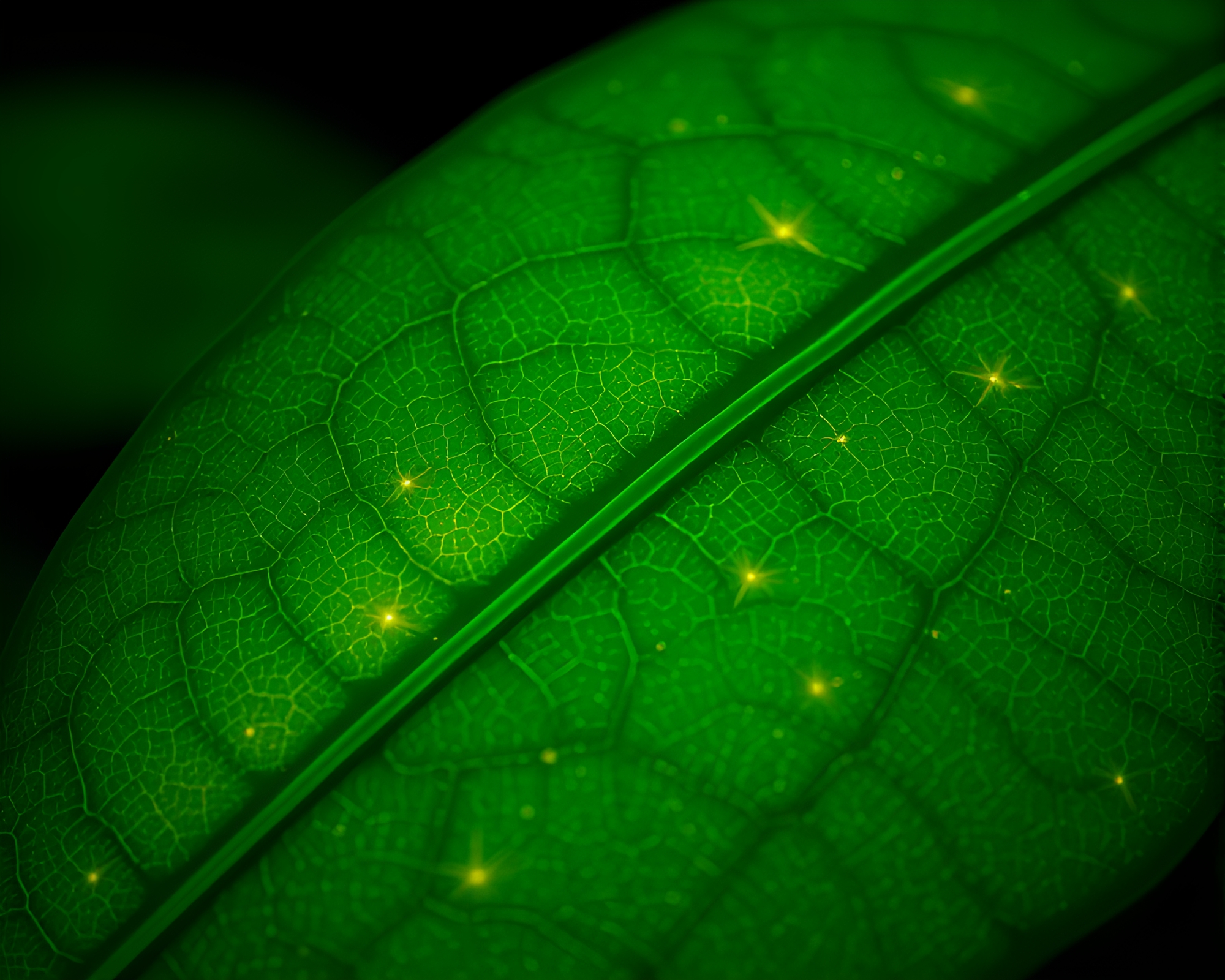 Enchanting Leaf Veins Illuminated by Firefly Light – free AI stock image