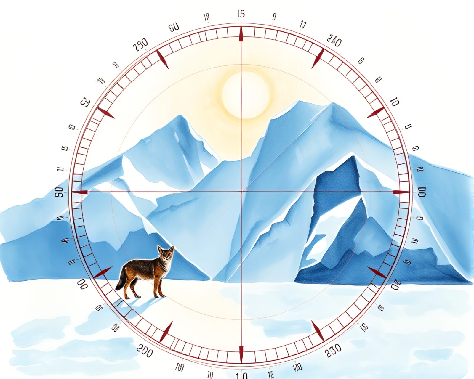 Vivid watercolor of penguins gazing at pocket sundial in blizzard