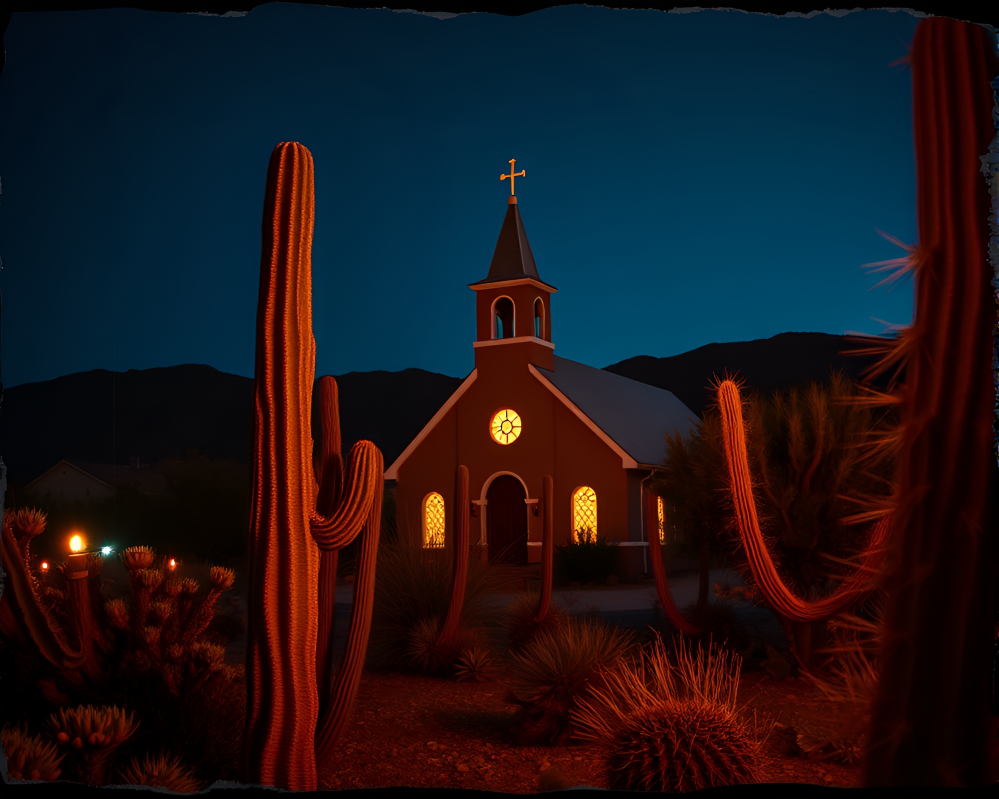 Desert Cactus Illuminated by Church Candlelight – free AI stock image